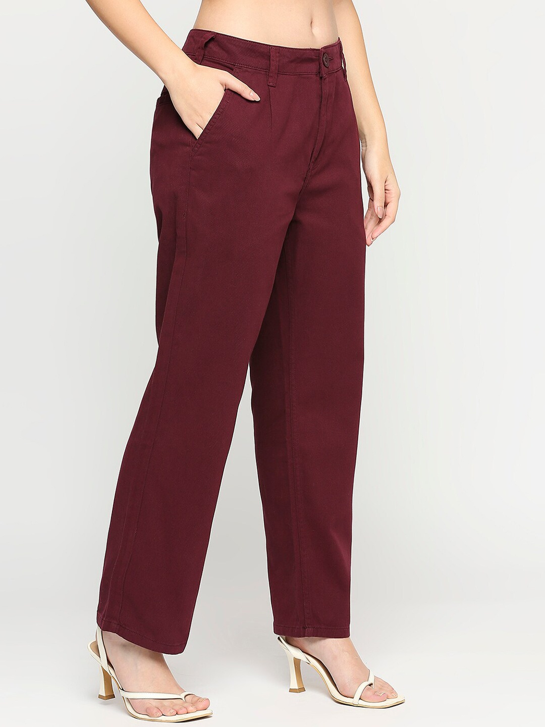 

all about you Women Relaxed Straight Leg Straight Fit Pure Cotton Parallel Trousers, Maroon