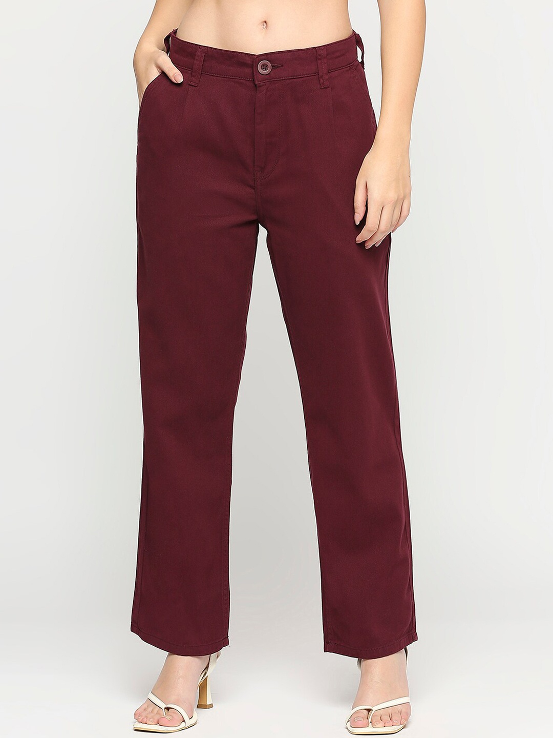 

Chemistry Women Relaxed Straight Leg Fit Mid-Rise Pure Cotton Trousers, Maroon