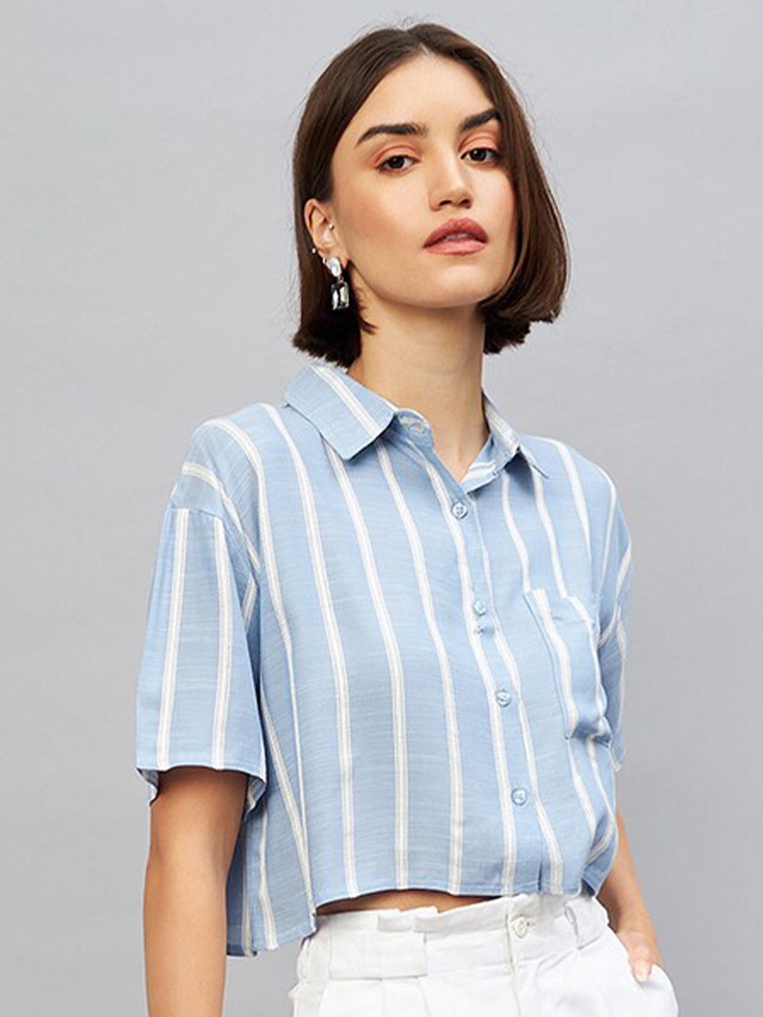 

CHIMPAAANZEE Opaque Striped Casual Crop Shirt, Blue