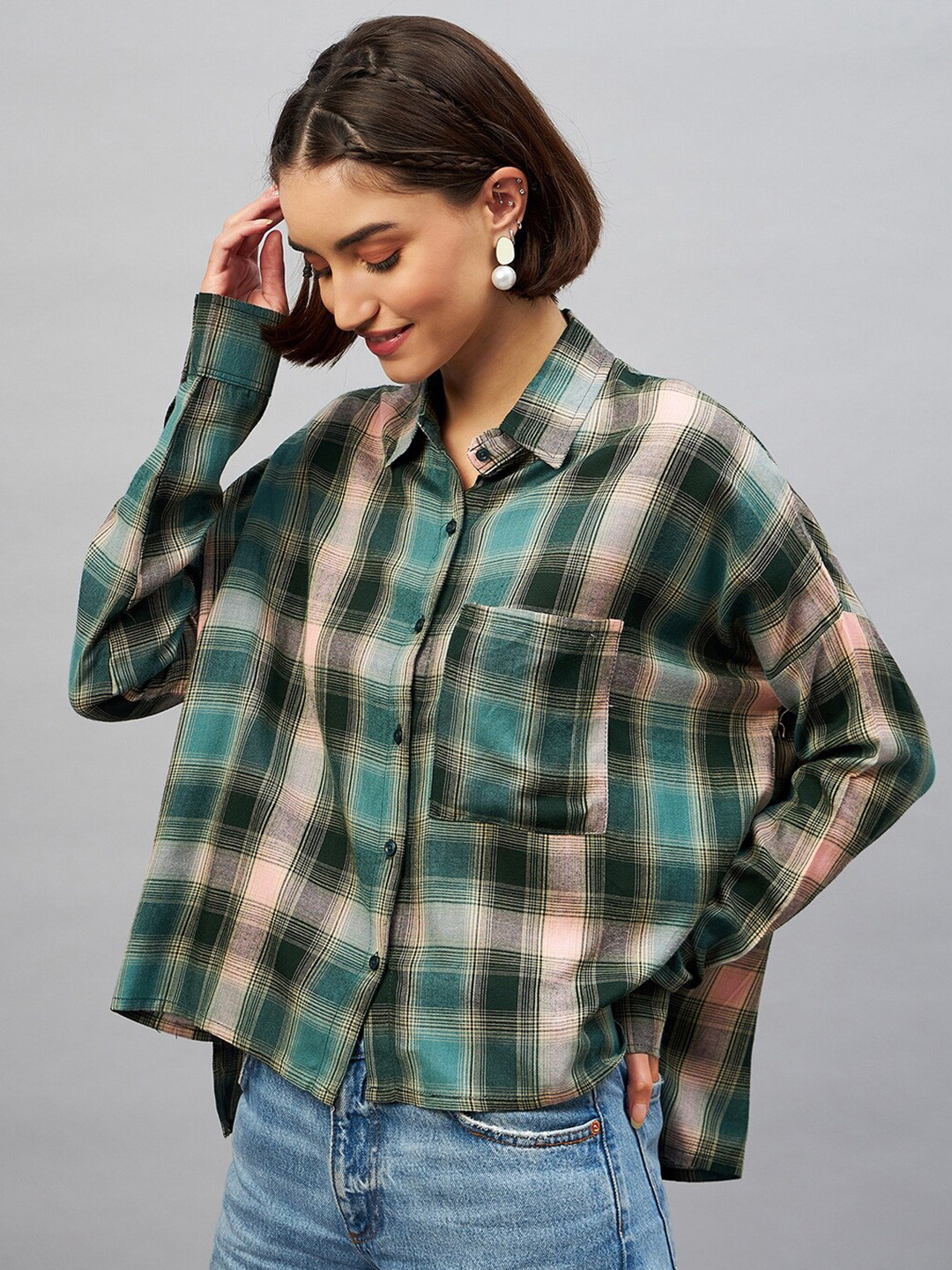

CHIMPAAANZEE Tartan Checked Oversized Casual Shirt, Green