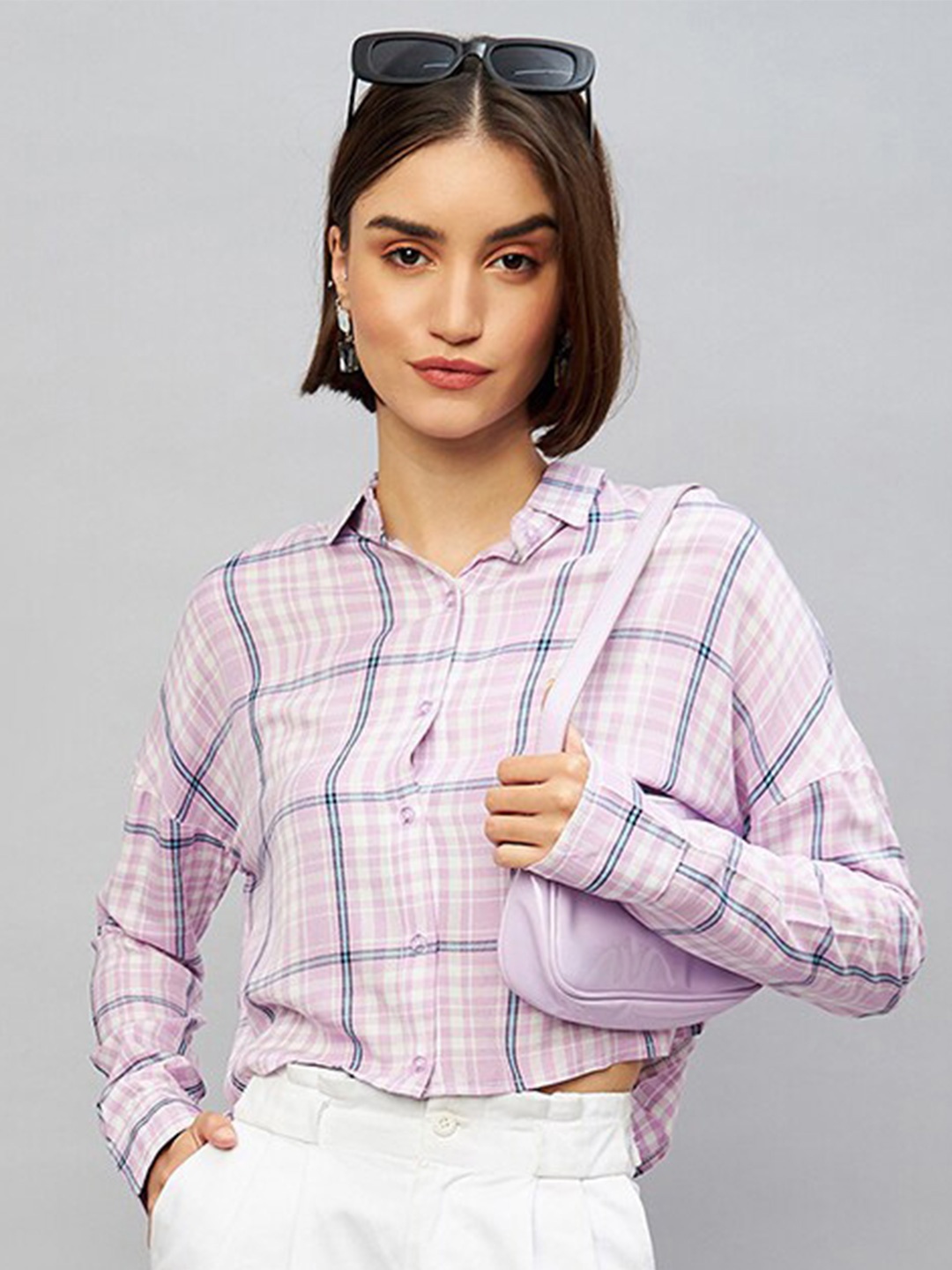 

CHIMPAAANZEE Tartan Checked Casual Crop Shirt, Purple