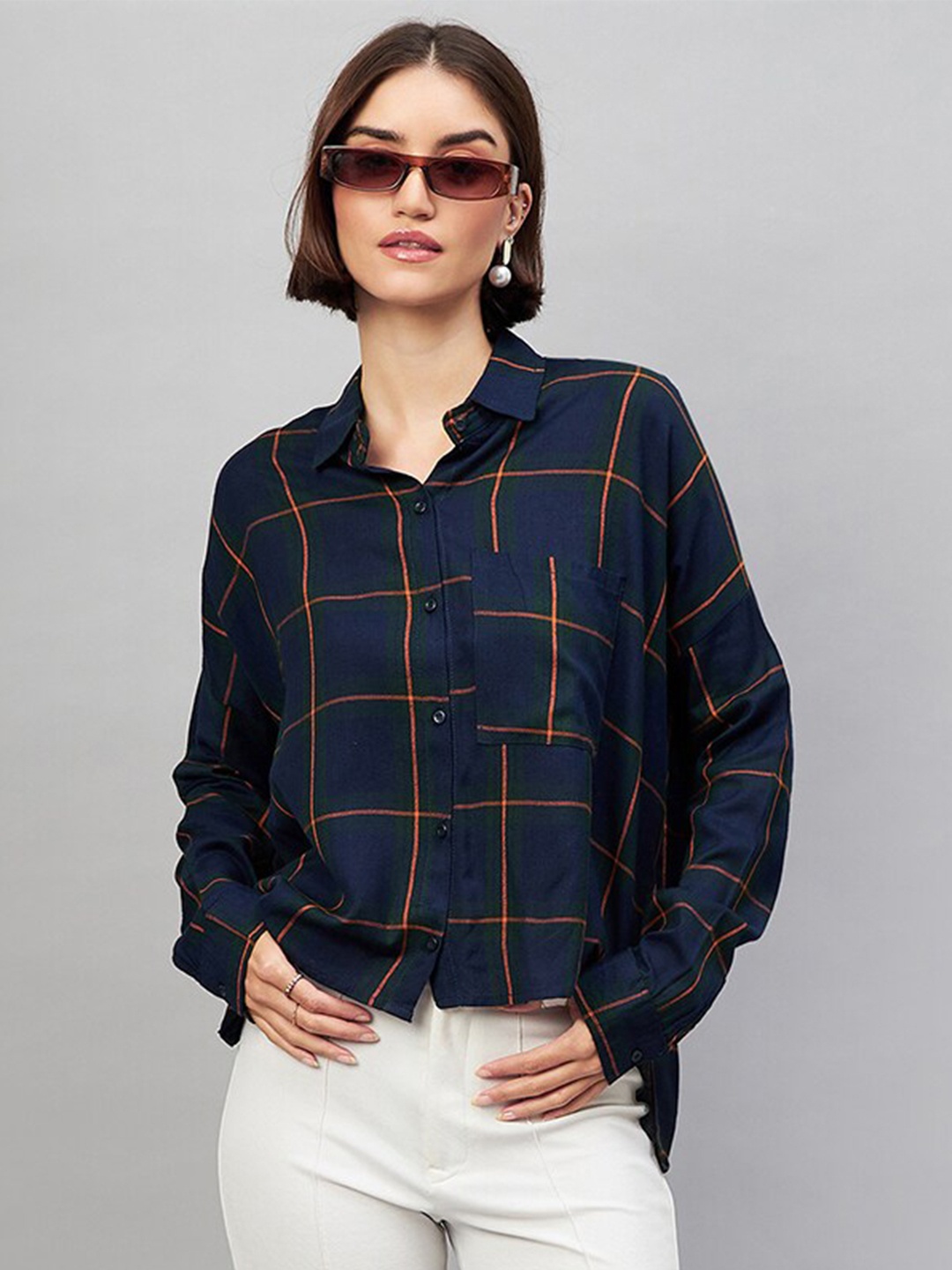 

CHIMPAAANZEE Tartan Checked Spread Collar Casual Shirt, Navy blue