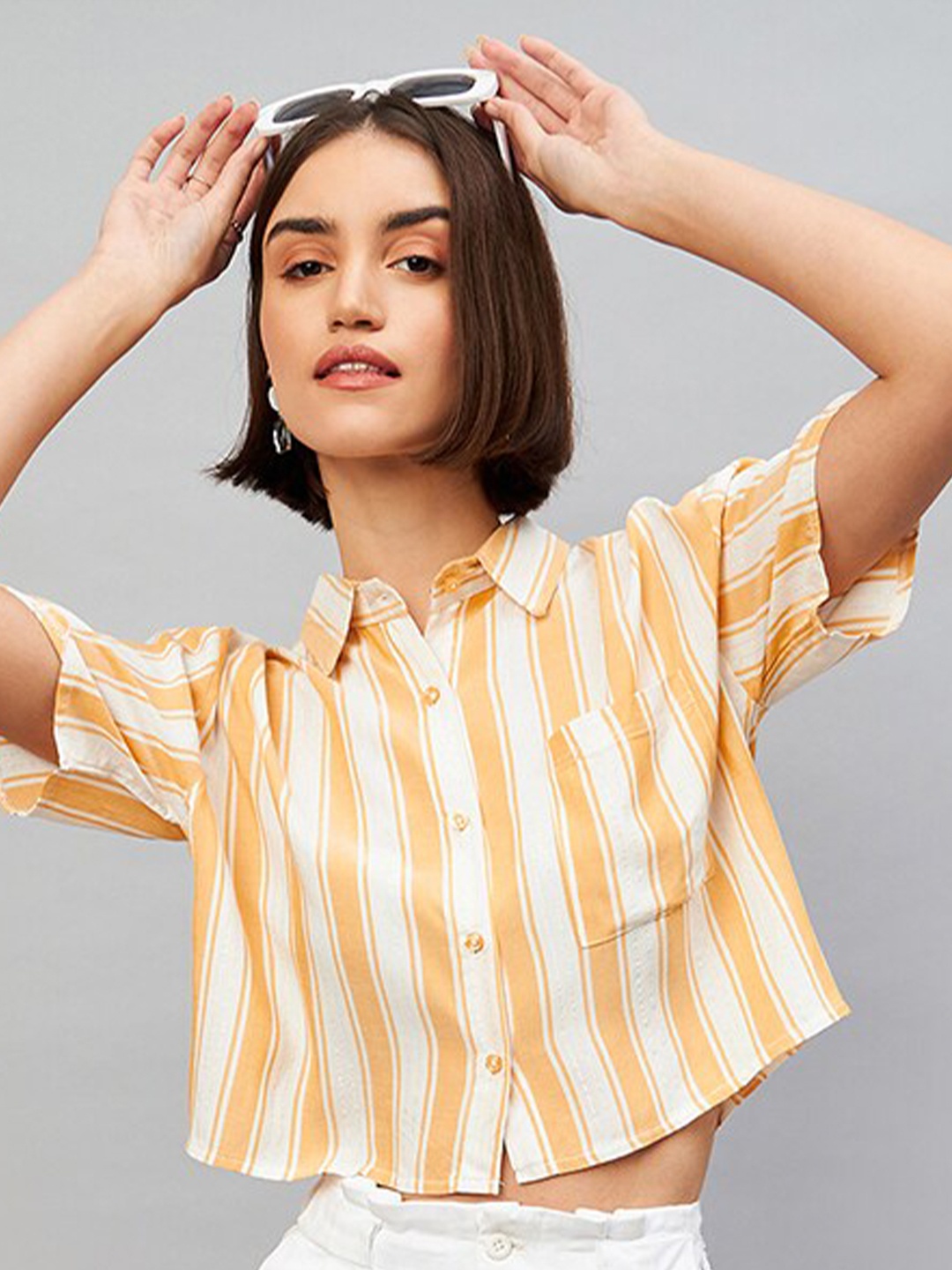 

CHIMPAAANZEE Vertical Striped Crop Casual Shirt, Yellow