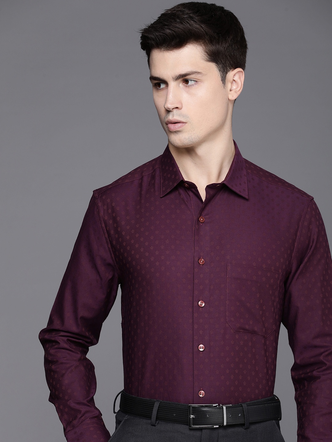 

Louis Philippe Pure Cotton Self Design Textured Slim Fit Opaque Formal Shirt, Burgundy