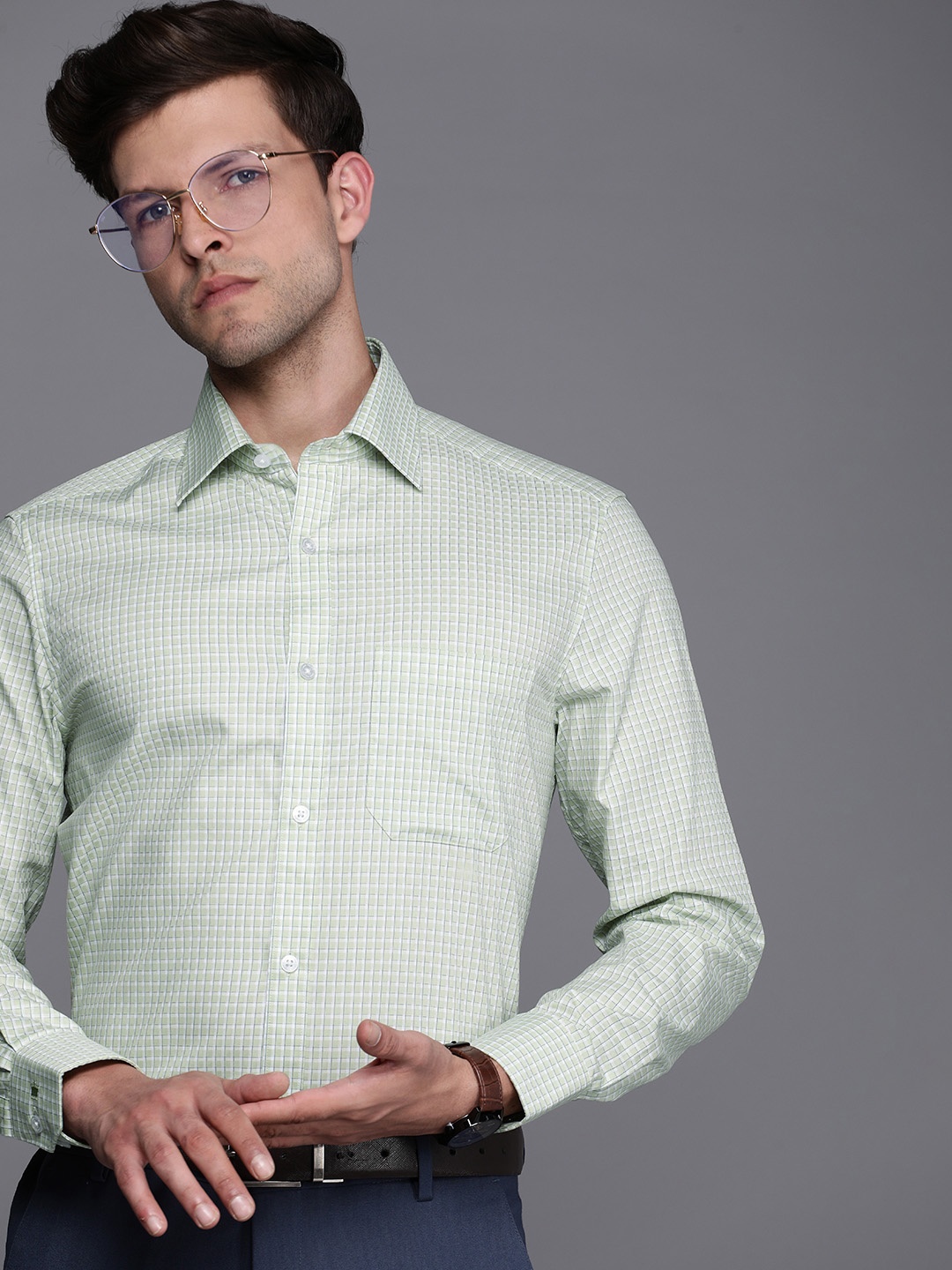 

Louis Philippe Classic Fit Checked Pure Cotton Formal Shirt, Green