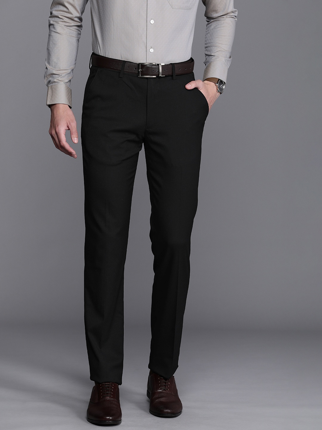 

Louis Philippe Men Mid-Rise Self Design Slim Fit Textured Formal Trousers, Black