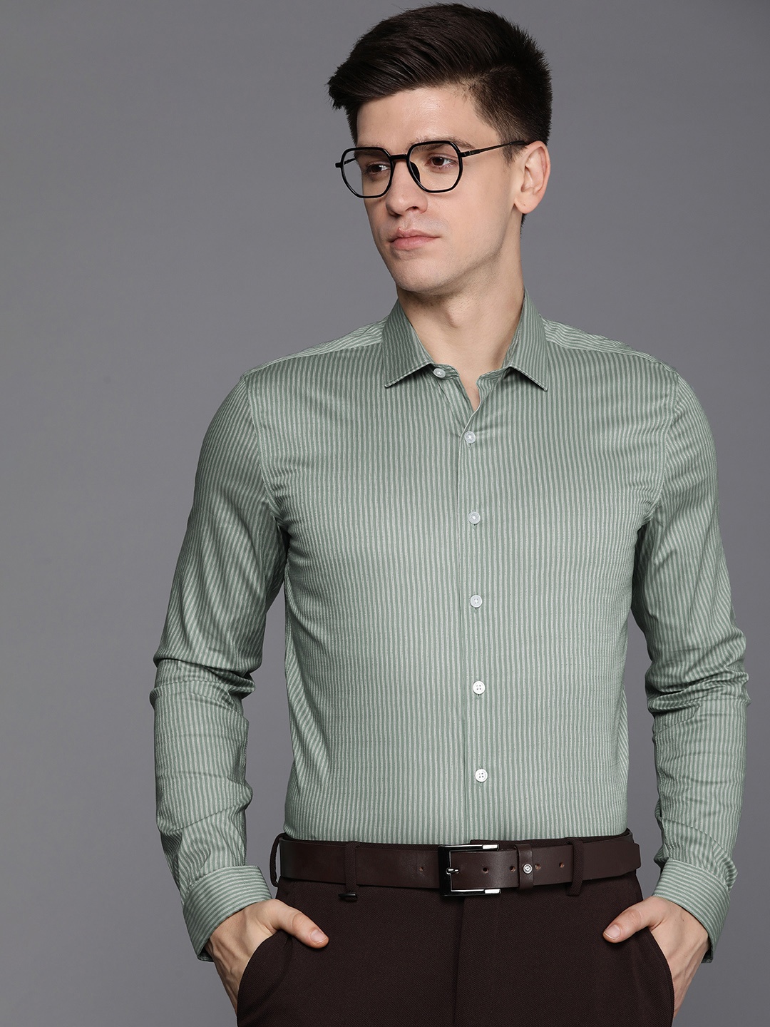 

Louis Philippe Super Slim Fit Striped Formal Shirt, Green