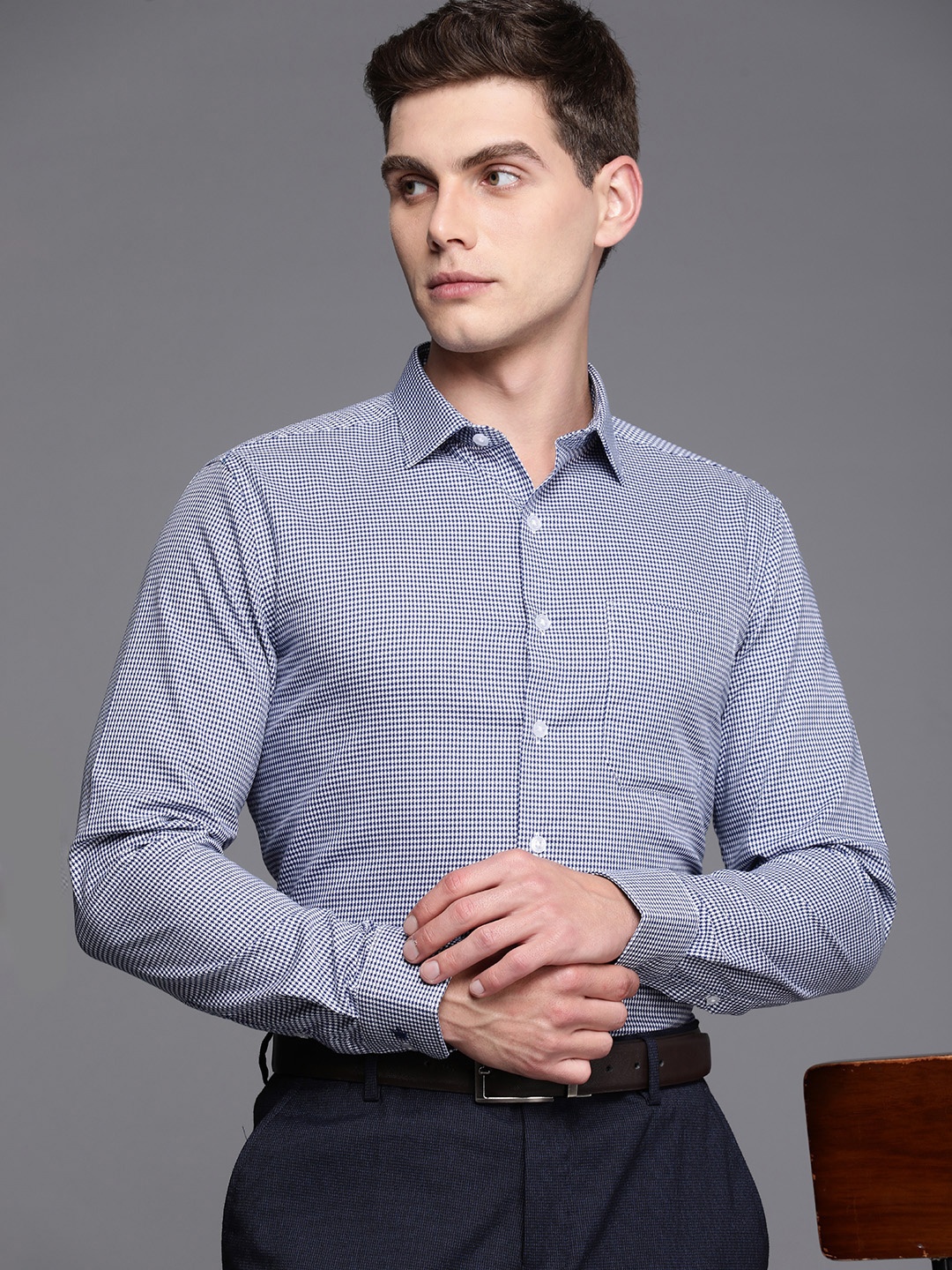 

Louis Philippe Pure Cotton Self Design Textured Slim Fit Opaque Formal Shirt, Blue
