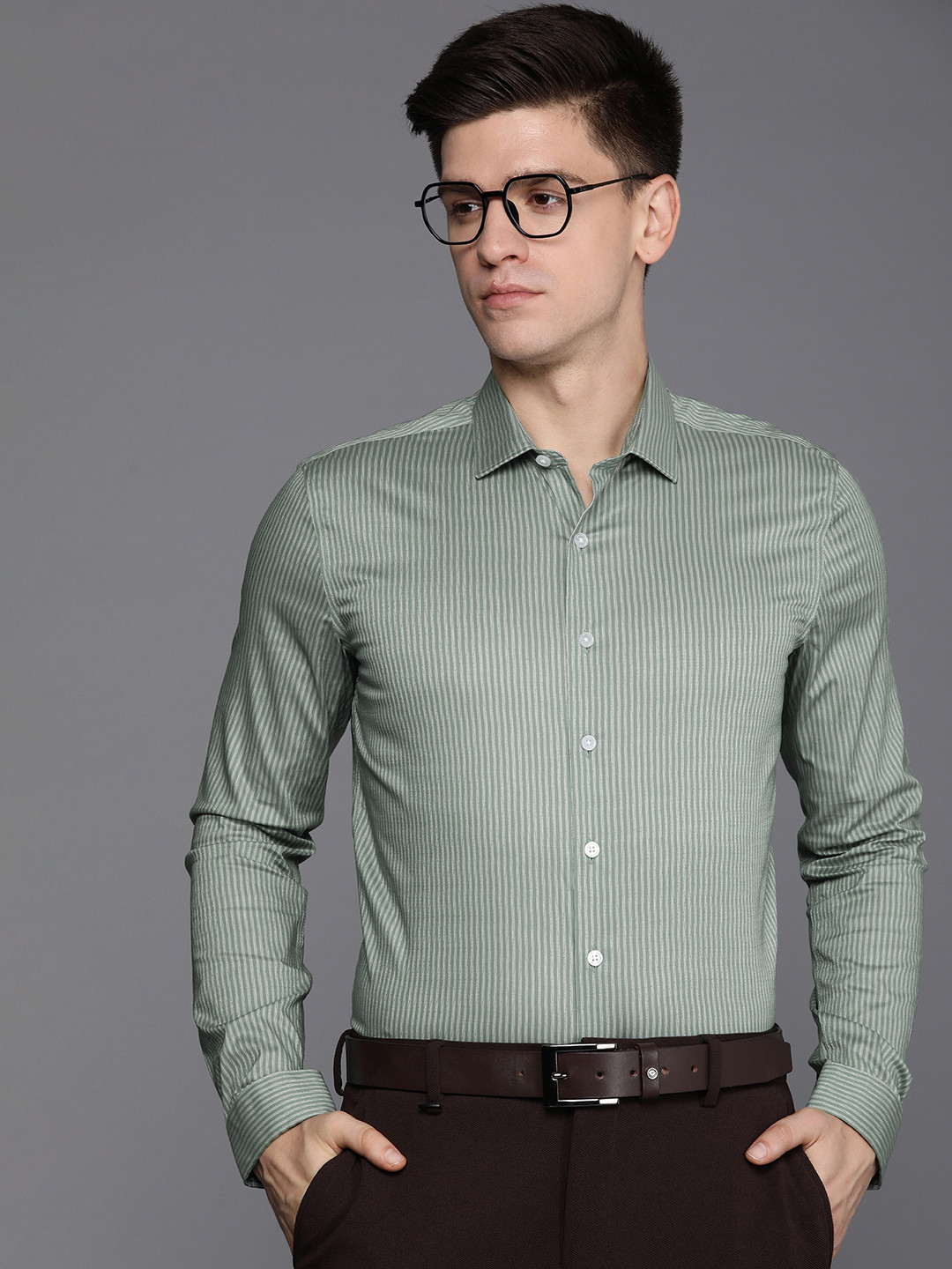 

Louis Philippe Men Super Slim Fit Opaque Striped Formal Shirt, Green