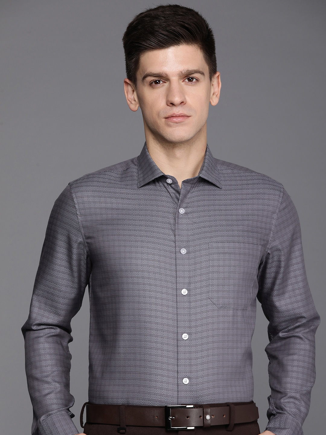 

Louis Philippe Slim Fit Checked Pure Cotton Formal Shirt, Grey