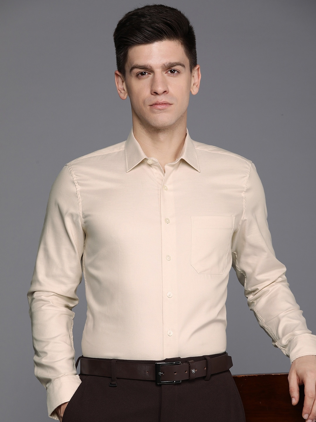Louis Philippe Slim Fit Pure Cotton Textured Formal Shirt, Beige