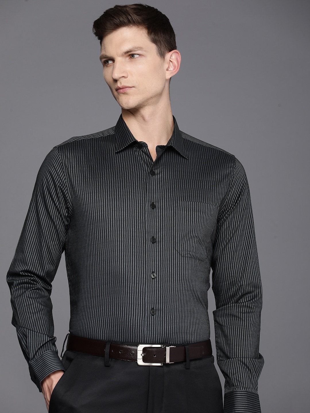 

Louis Philippe Slim Fit Opaque Striped Formal Shirt, Black