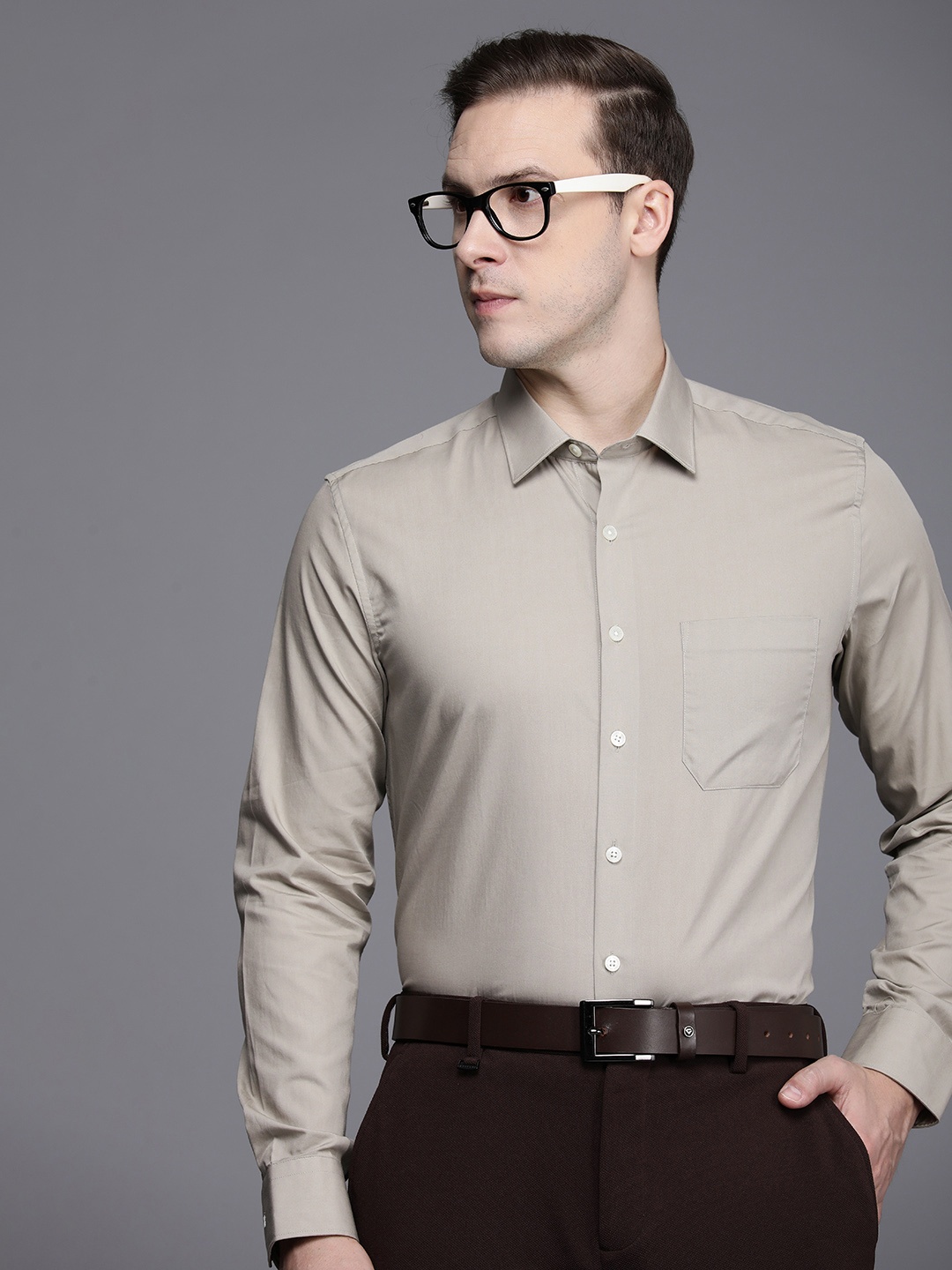 

Louis Philippe Slim Fit Solid Pure Cotton Formal Shirt, Taupe