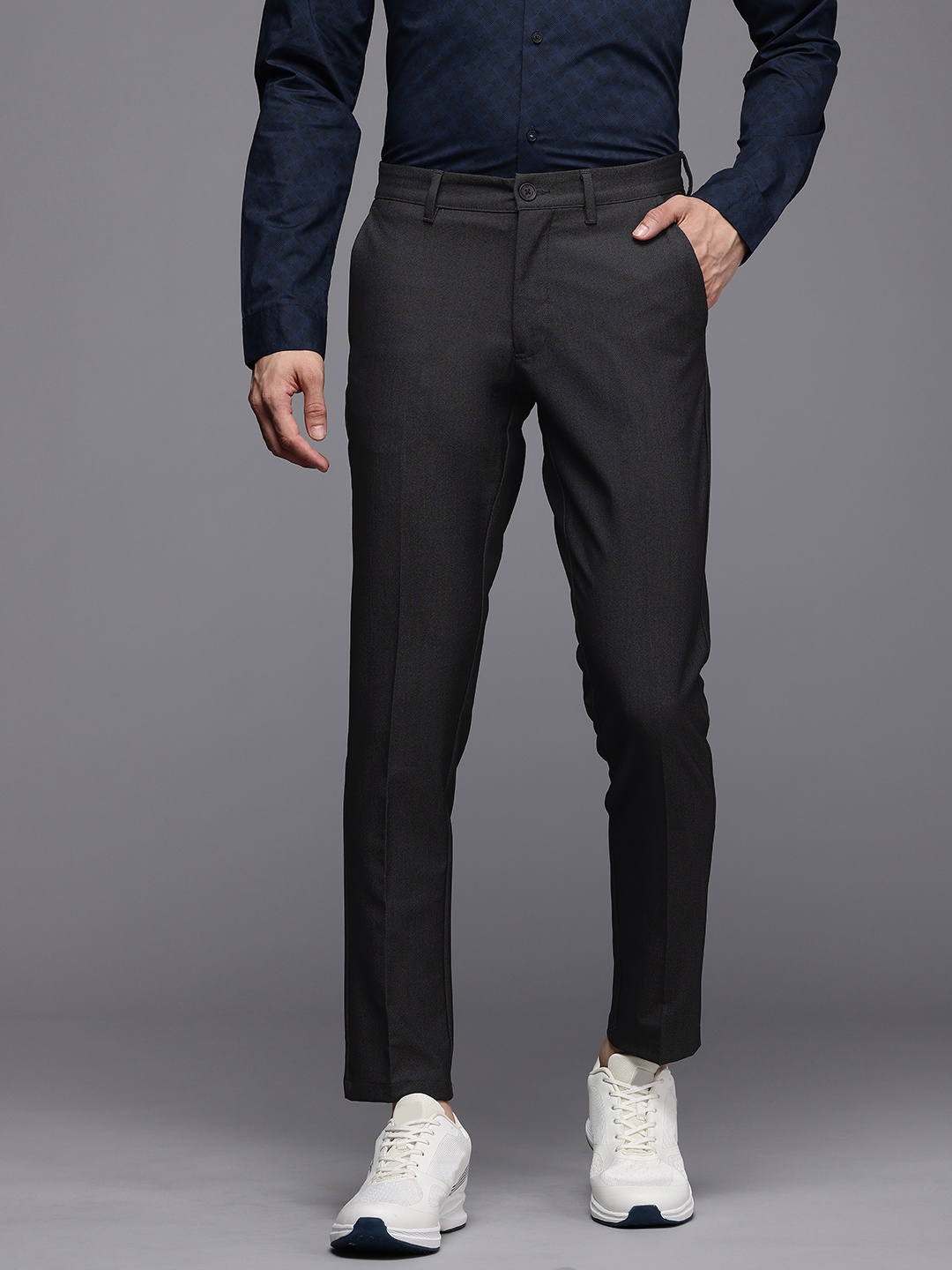 

Louis Philippe Ath.Work Men Textured Comfort Tapered Fit Smart Casual Trousers, Charcoal