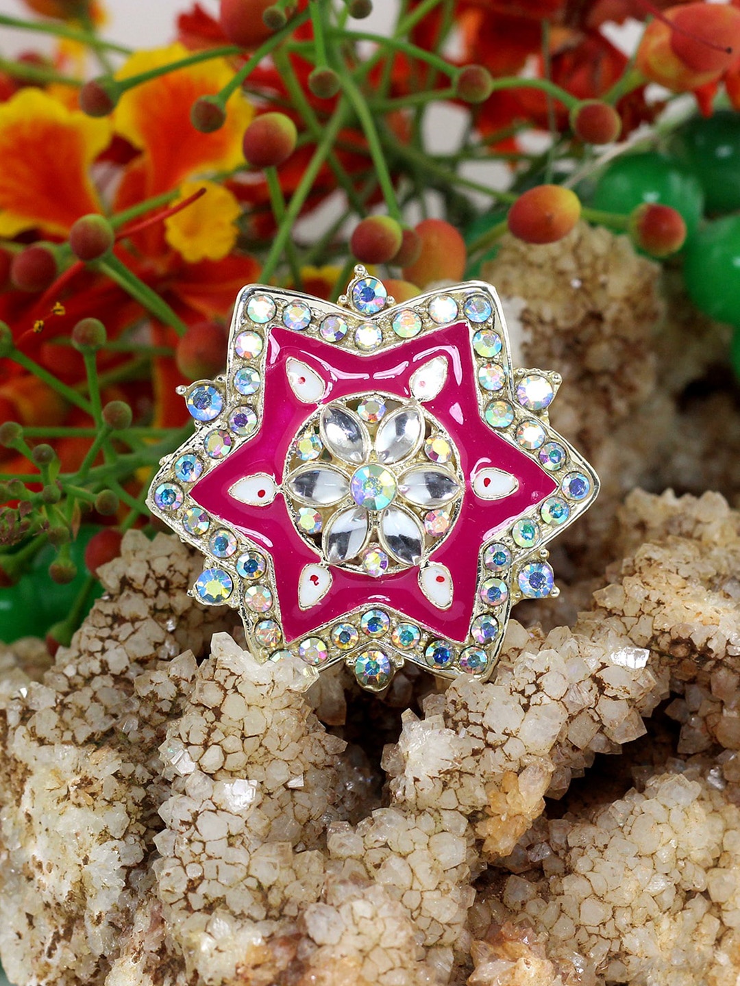 

NAKABH Gold-Plated Stone-Studded Adjustable Finger Ring