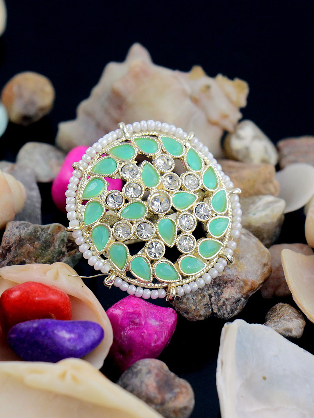 

NAKABH Gold-Plated Stone-Studded Adjustable Finger Ring