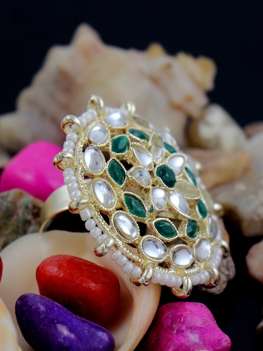 

NAKABH Gold-Plated Stone-Studded Adjustable Finger Ring