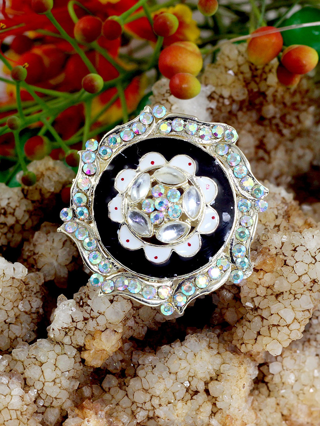 

NAKABH Gold-Plated Stone-Studded Adjustable Finger Ring