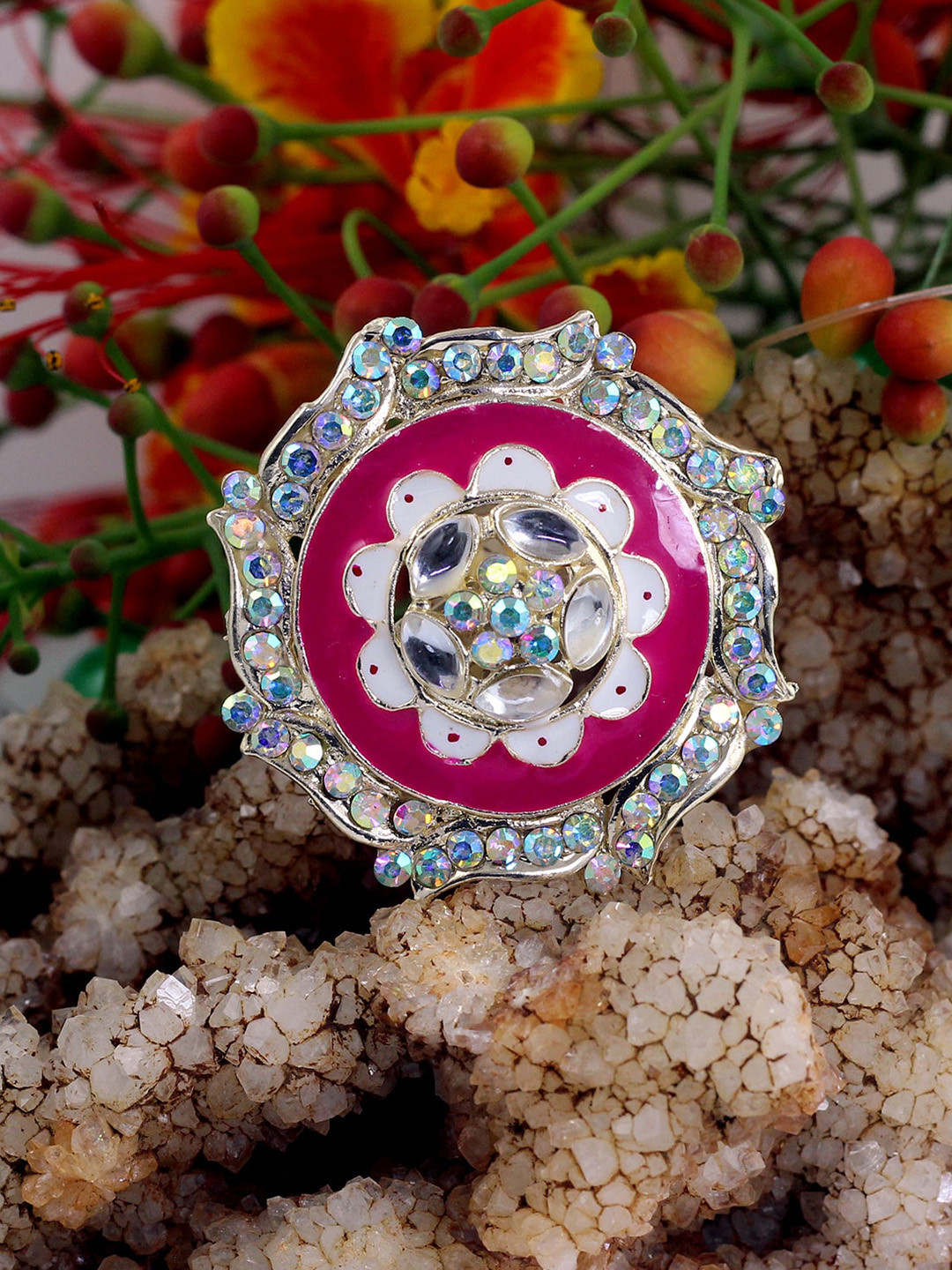 

NAKABH Gold-Plated Stone-Studded Adjustable Kundan Finger Ring