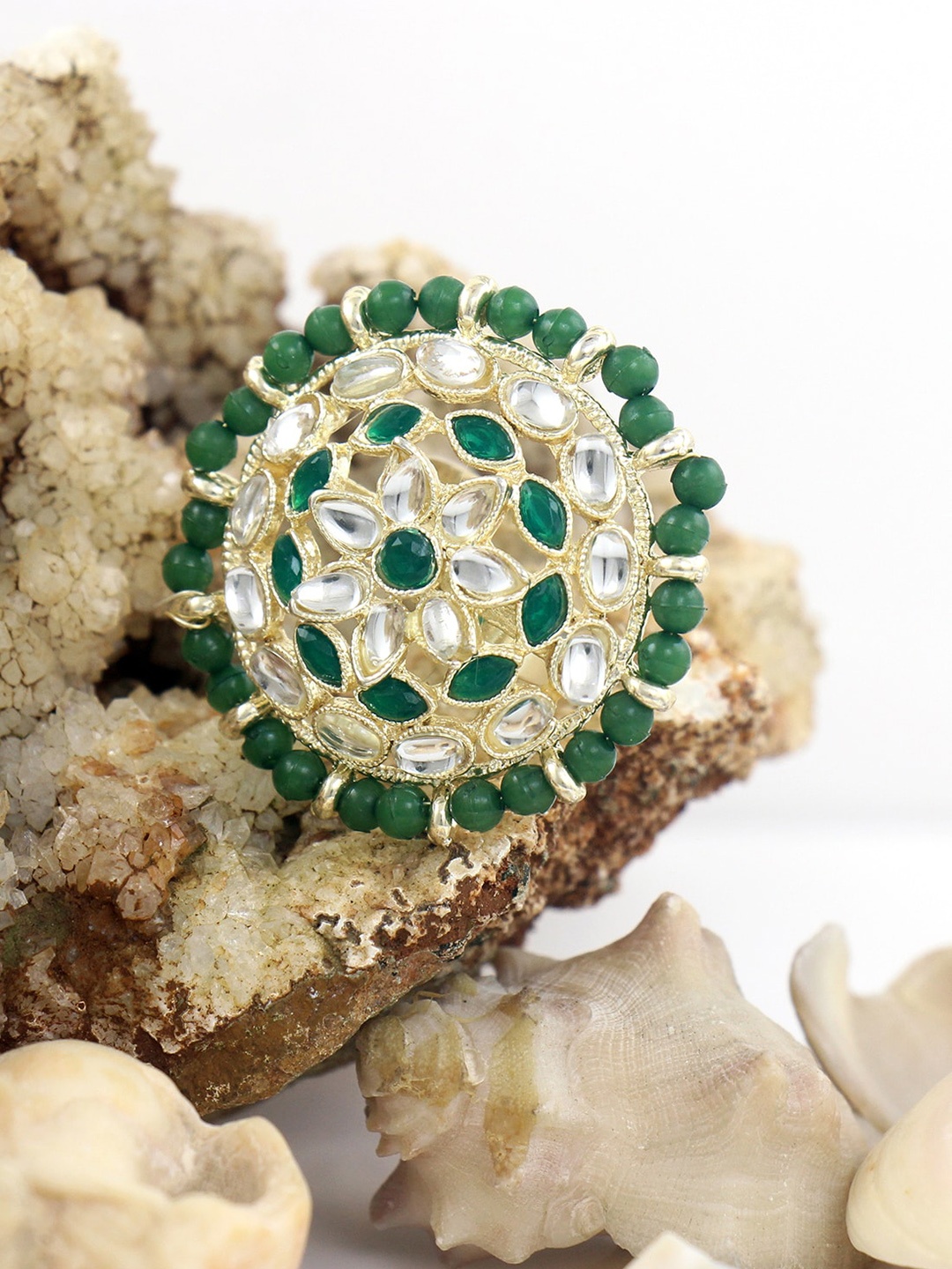 

NAKABH Gold-Plated Stone-Studded Adjustable Kundan Finger Ring