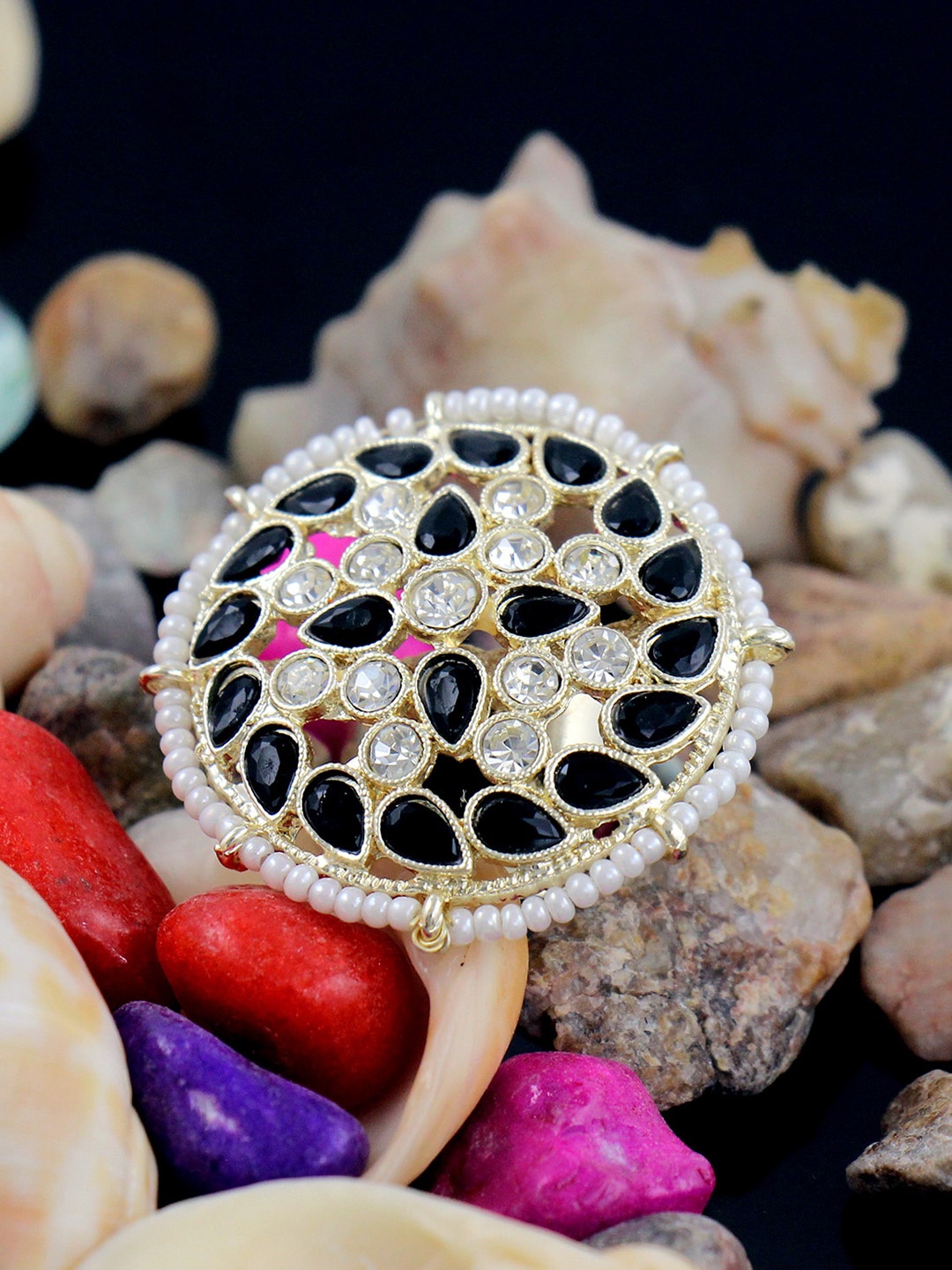 

NAKABH Gold-Plated Stone-Studded Adjustable Kundan Finger Ring
