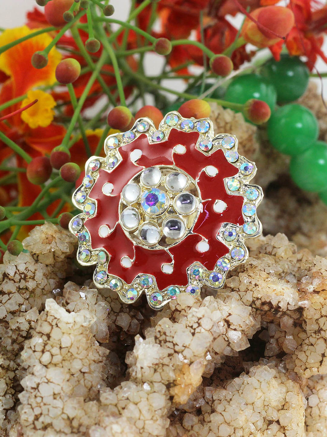 

NAKABH Gold-Plated Stone-Studded Adjustable Kundan Finger Ring