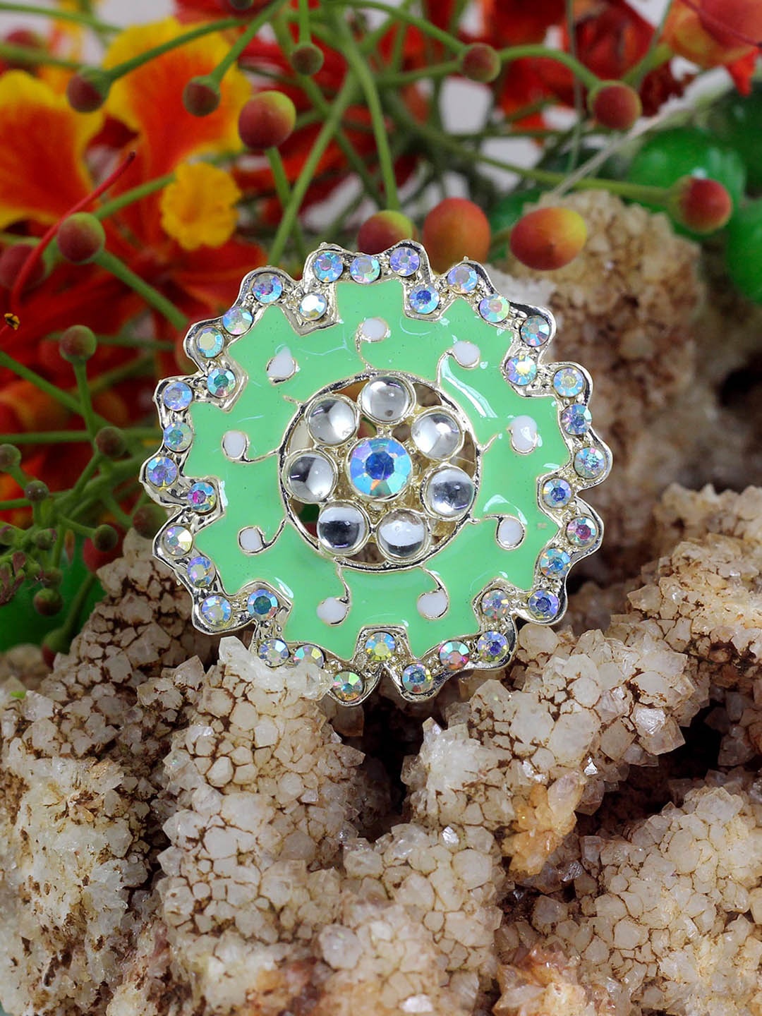 

NAKABH Gold-Plated Stone-Studded Adjustable Kundan Finger Ring