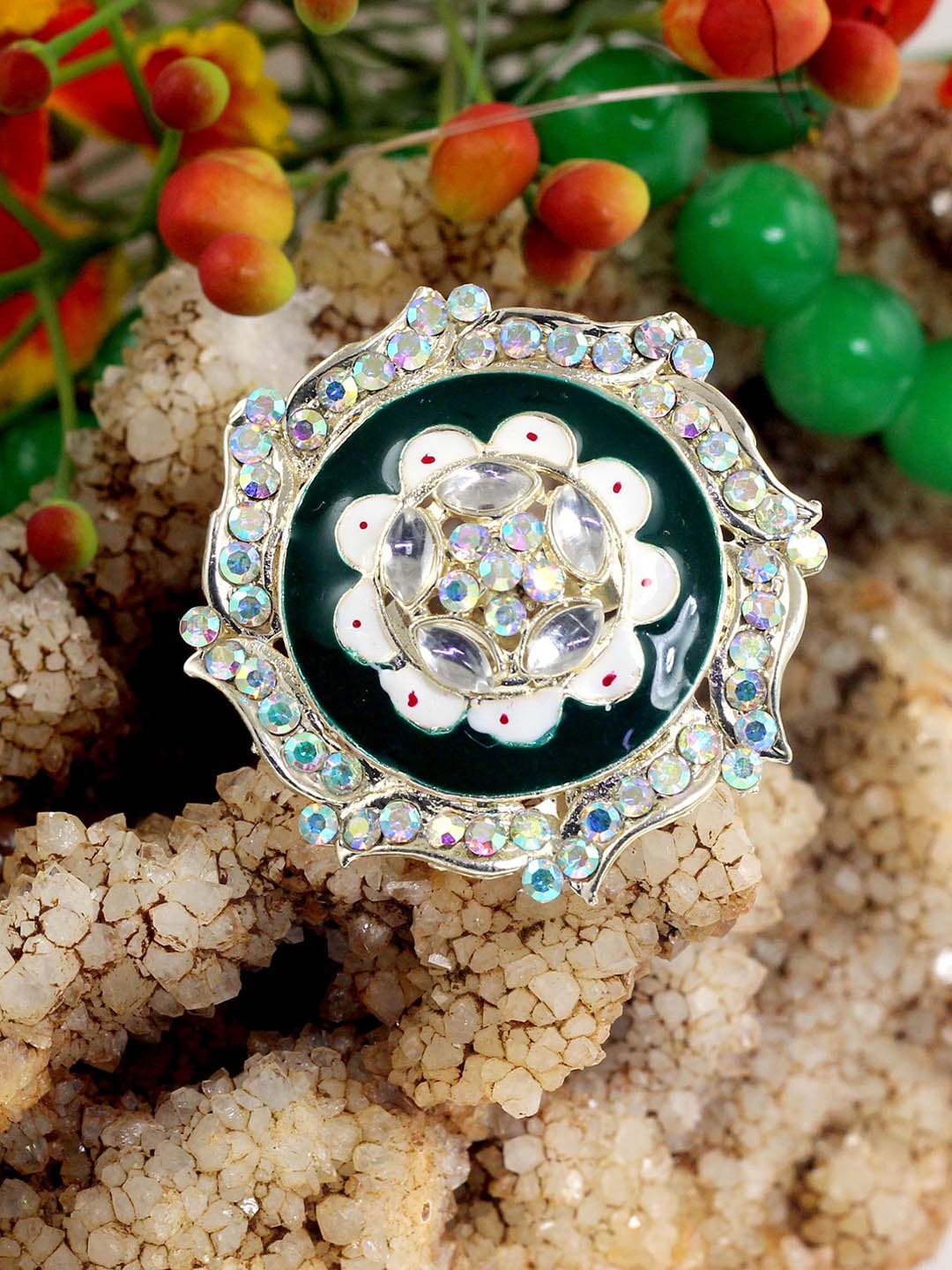 

NAKABH Gold-Plated Stone-Studded Adjustable Kundan Finger Ring