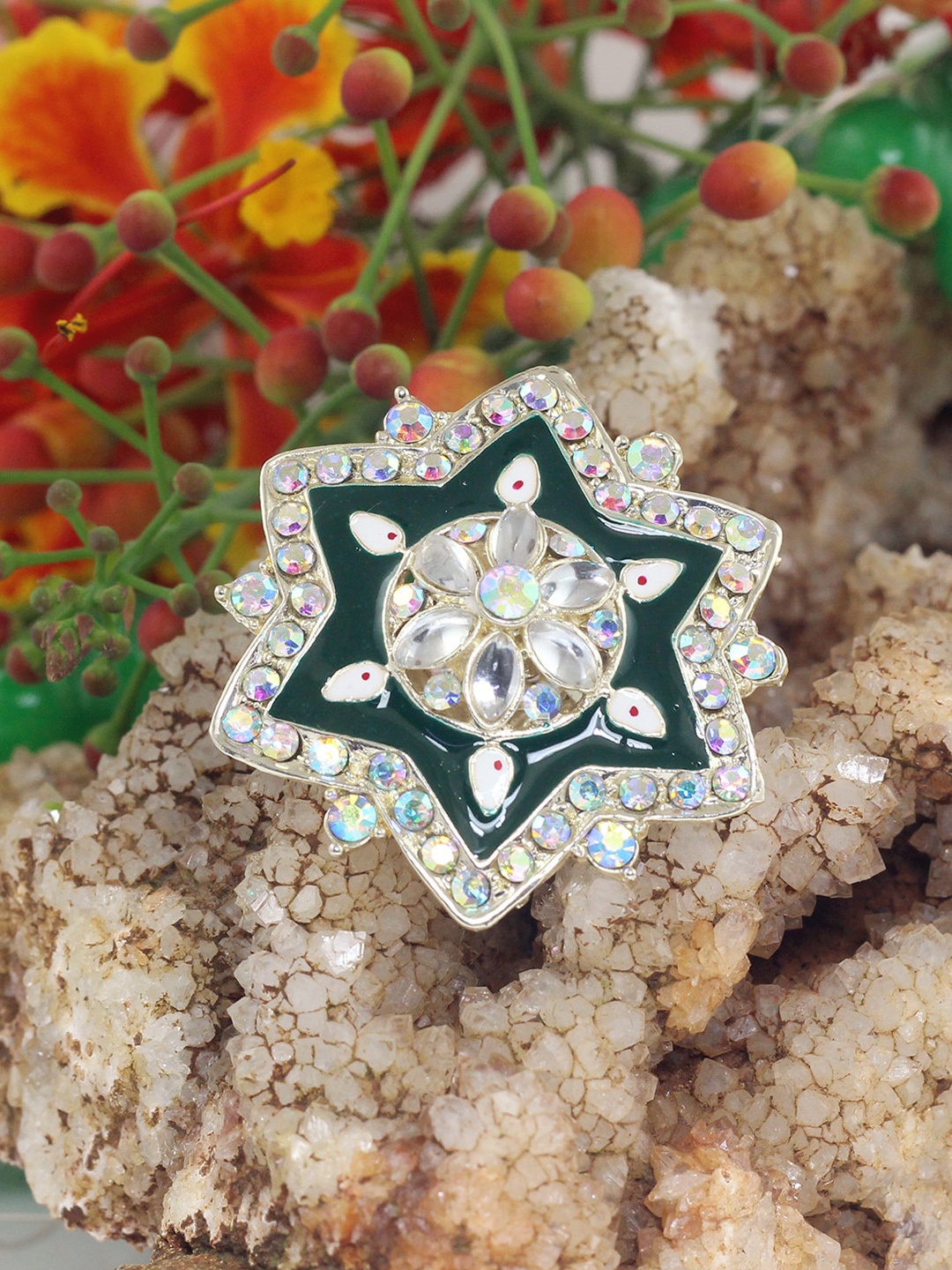 

NAKABH Gold-Plated Stone-Studded Adjustable Finger Ring