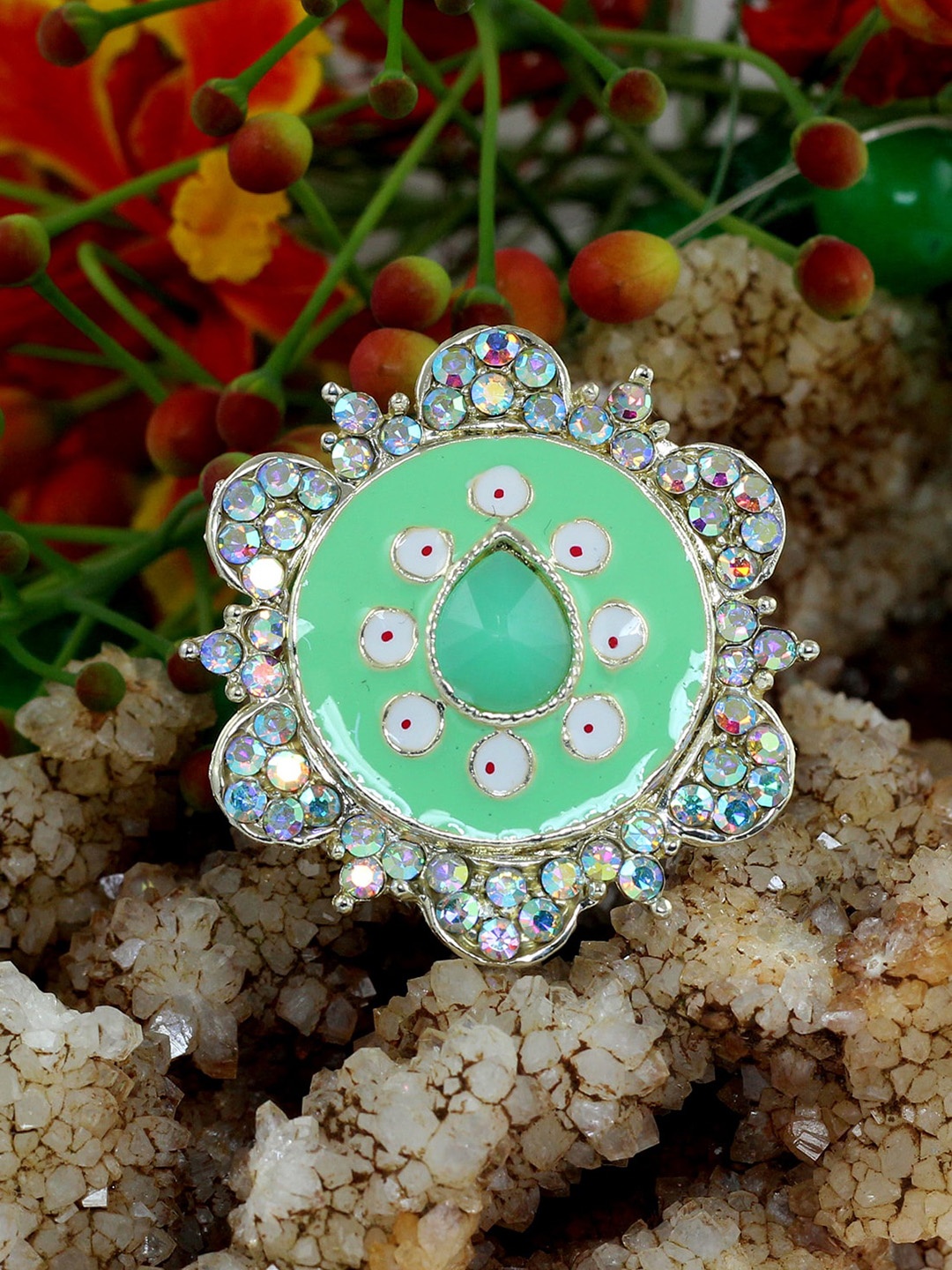 

NAKABH Gold-Plated Stone-Studded Adjustable Finger Ring