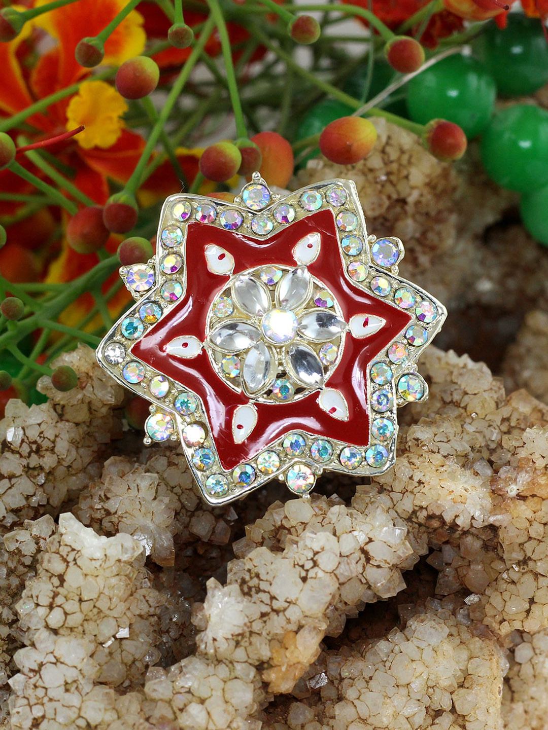 

NAKABH Gold-Plated Stone-Studded Adjustable Finger Ring