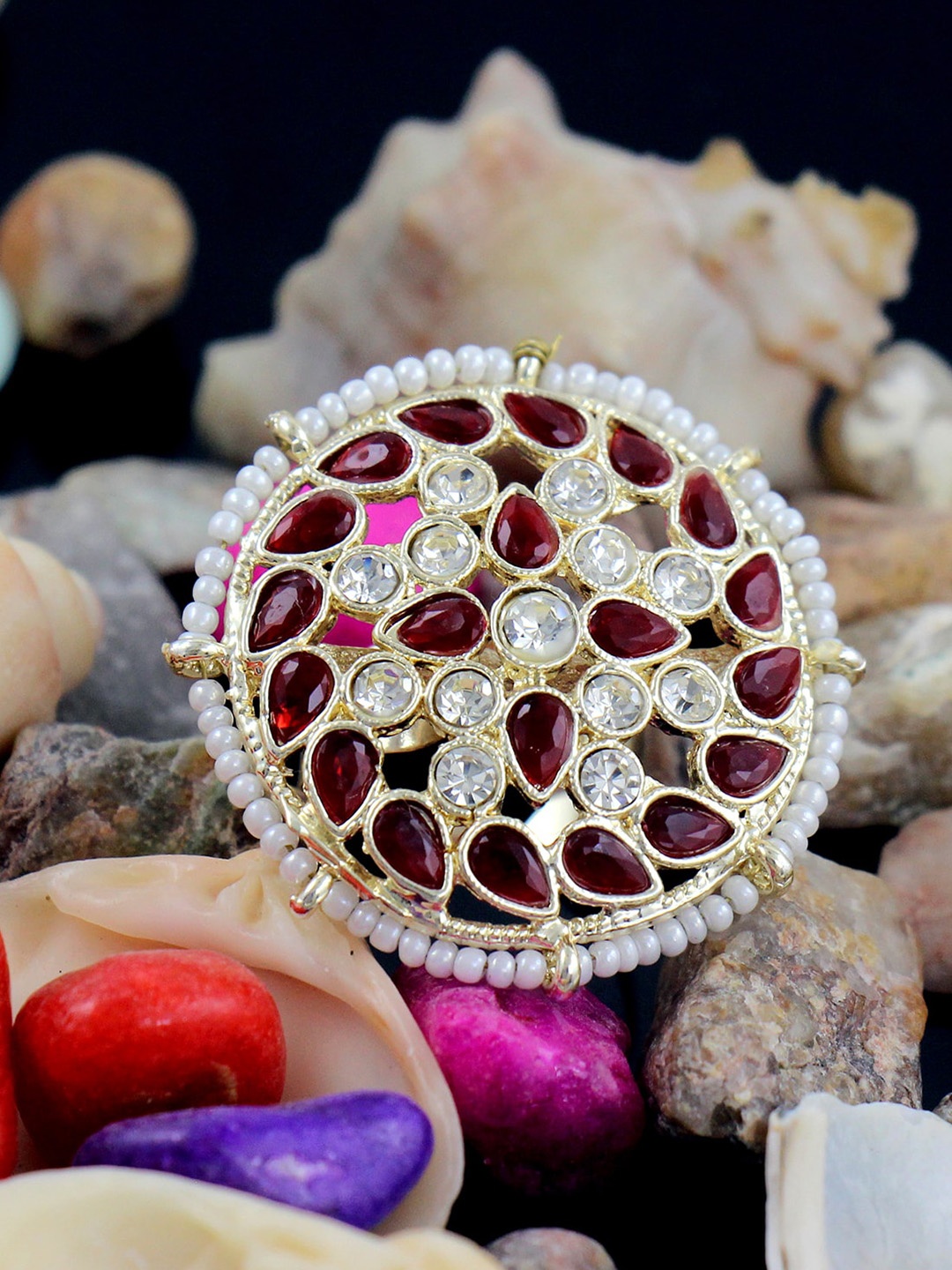 

NAKABH Gold-Plated Stone-Studded Adjustable Finger Ring