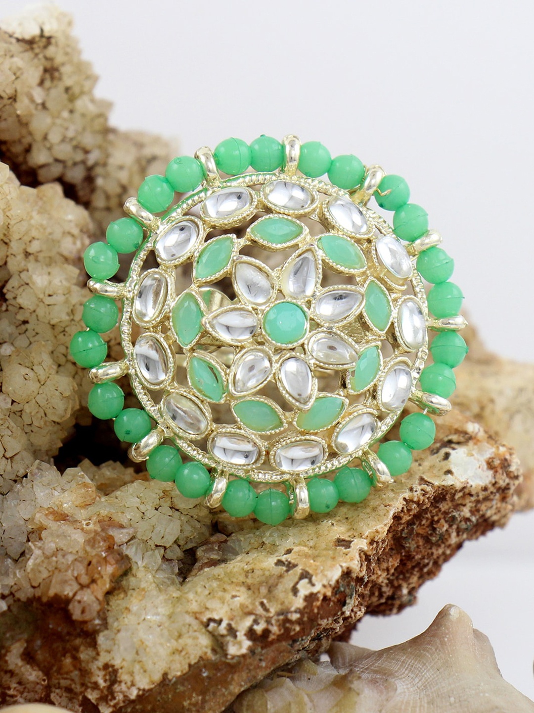 

NAKABH Gold-Plated Stone-Studded Adjustable Finger Ring