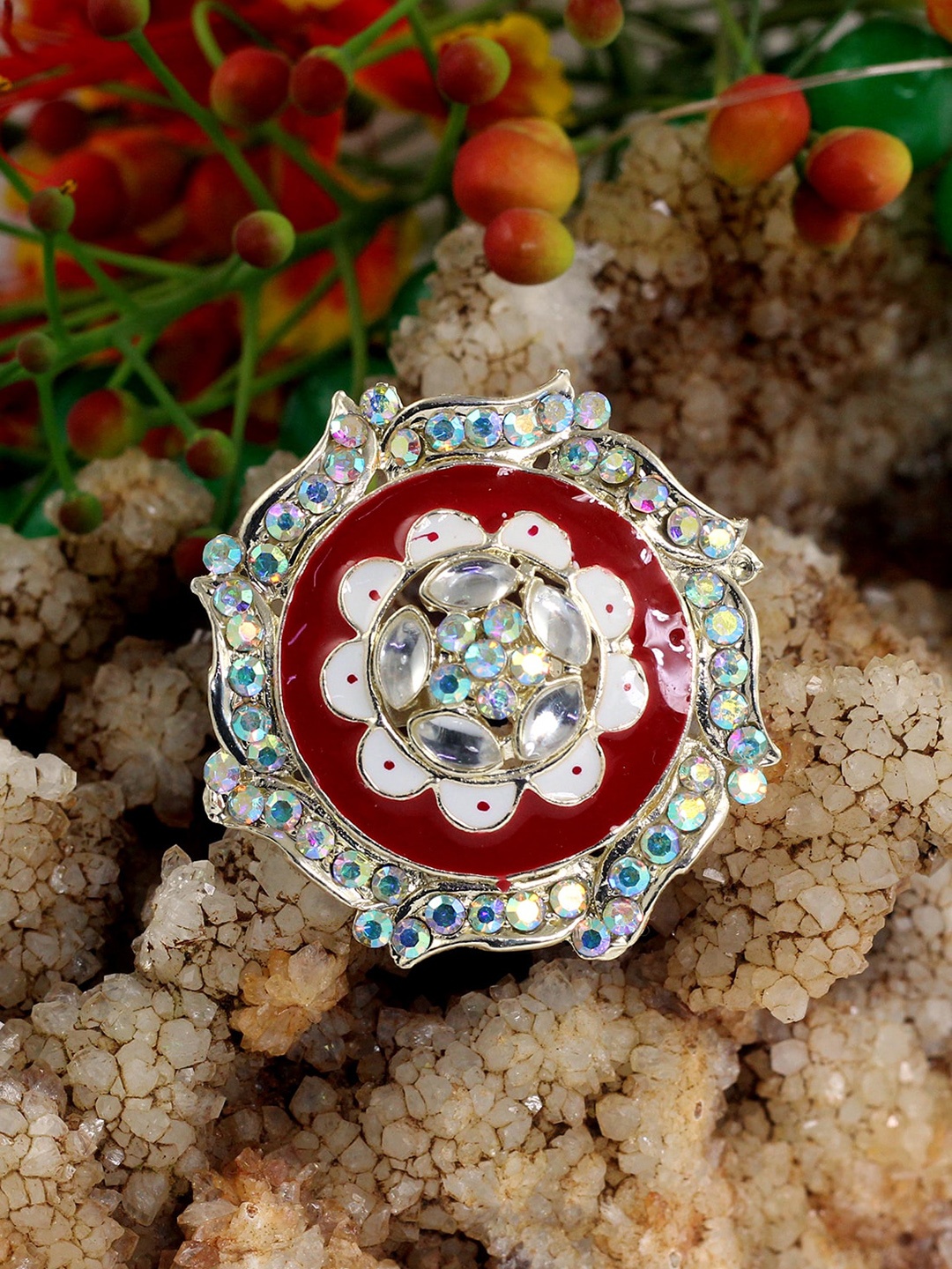

NAKABH Gold-Plated Stone-Studded Adjustable Finger Ring