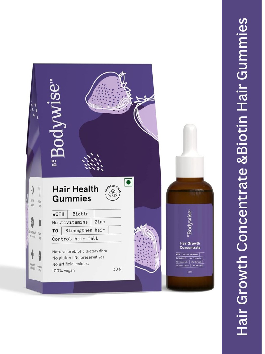 

Be Bodywise Biotin Hair Gummies 30 Pcs & Hair Growth Concentrate 60 ml, Purple