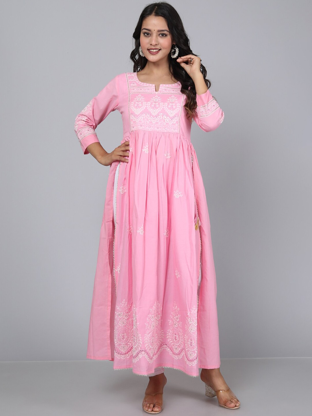 

HIGHLIGHT FASHION EXPORT Ethnic Motifs Printed Sequinned Pure Cotton A-line Kurta, Pink