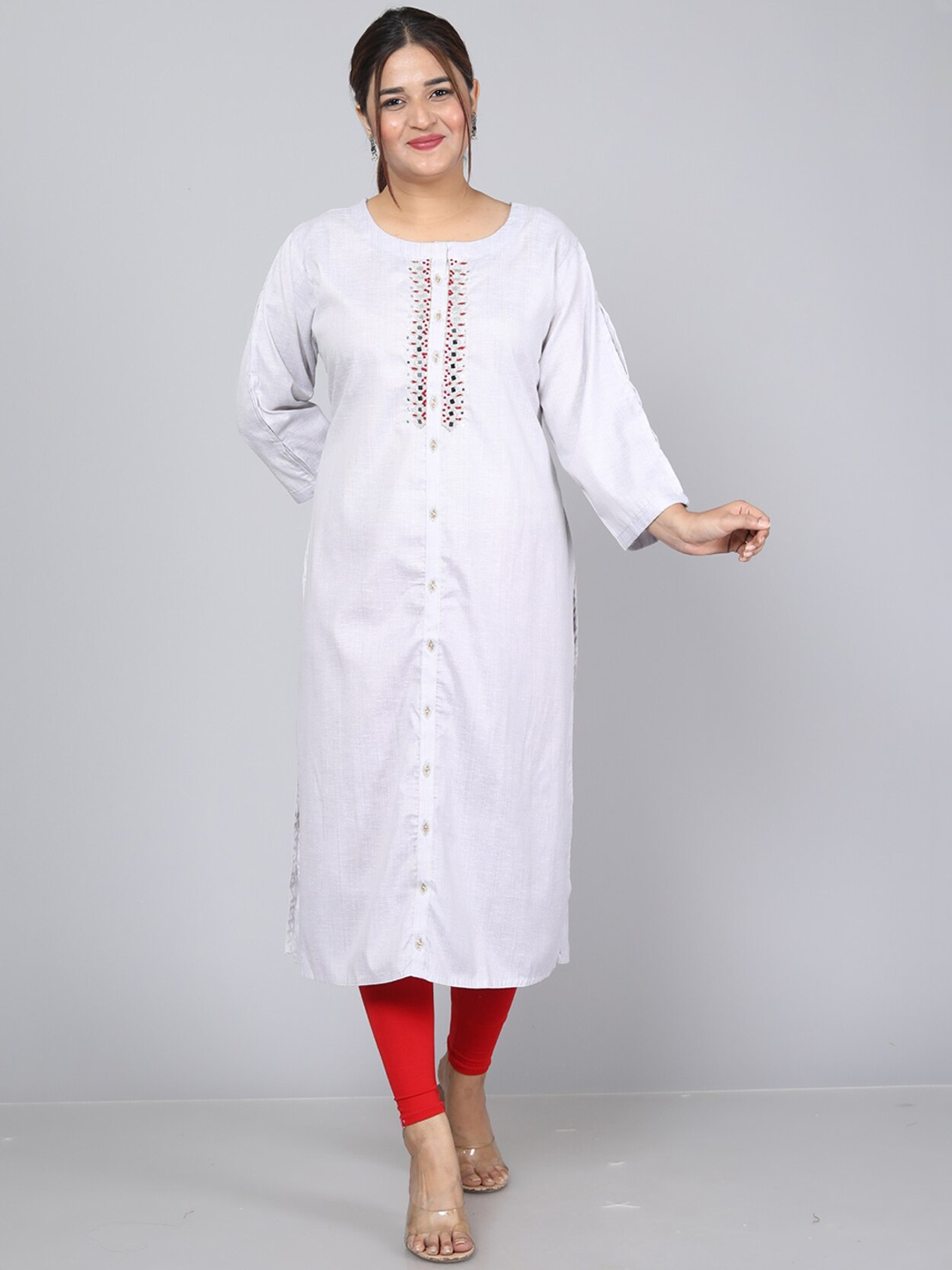 

HIGHLIGHT FASHION EXPORT Embroidered Pure Cotton Straight Kurta, Grey