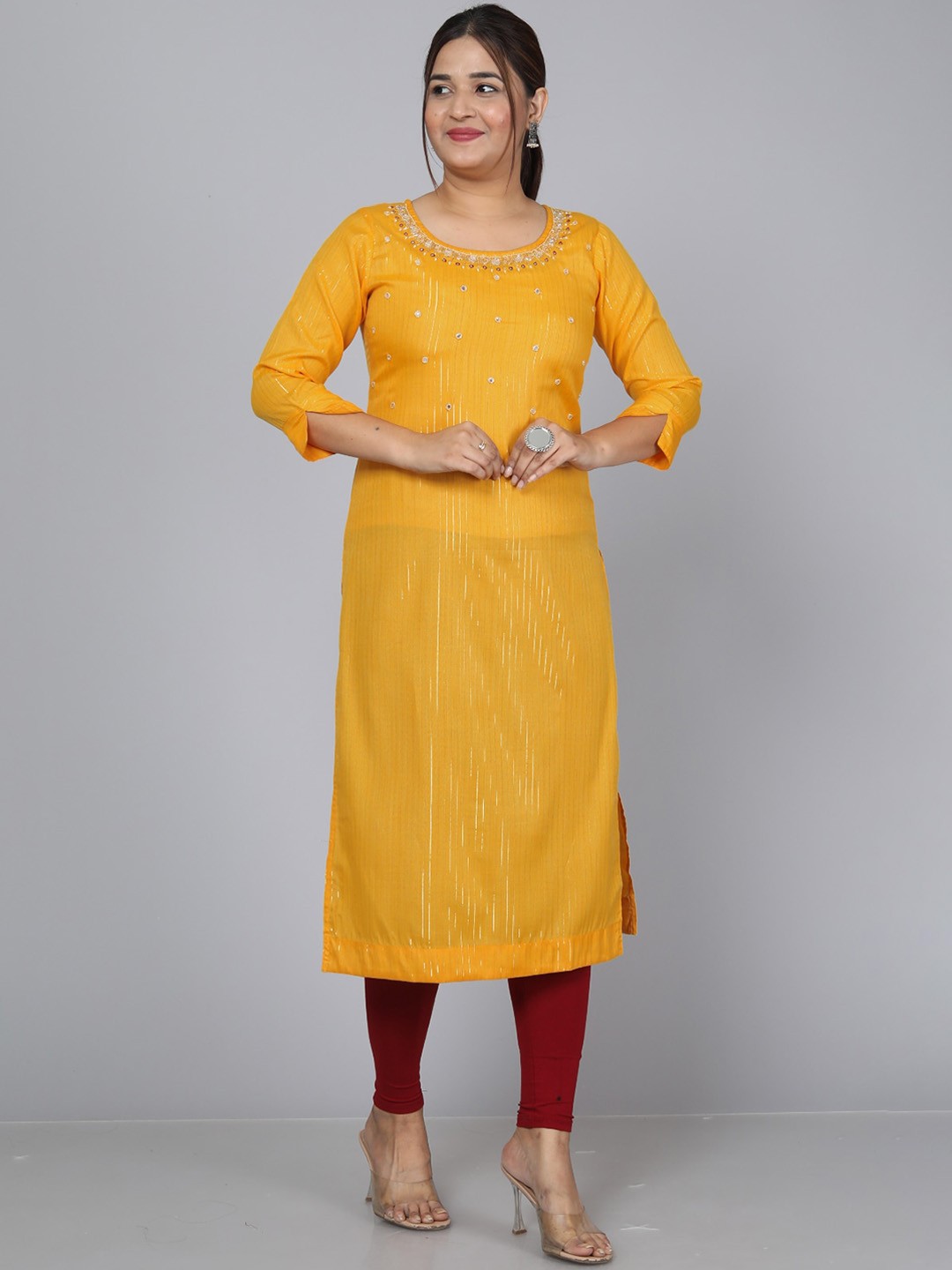 

HIGHLIGHT FASHION EXPORT Striped Thread Work Straight Kurta, Yellow
