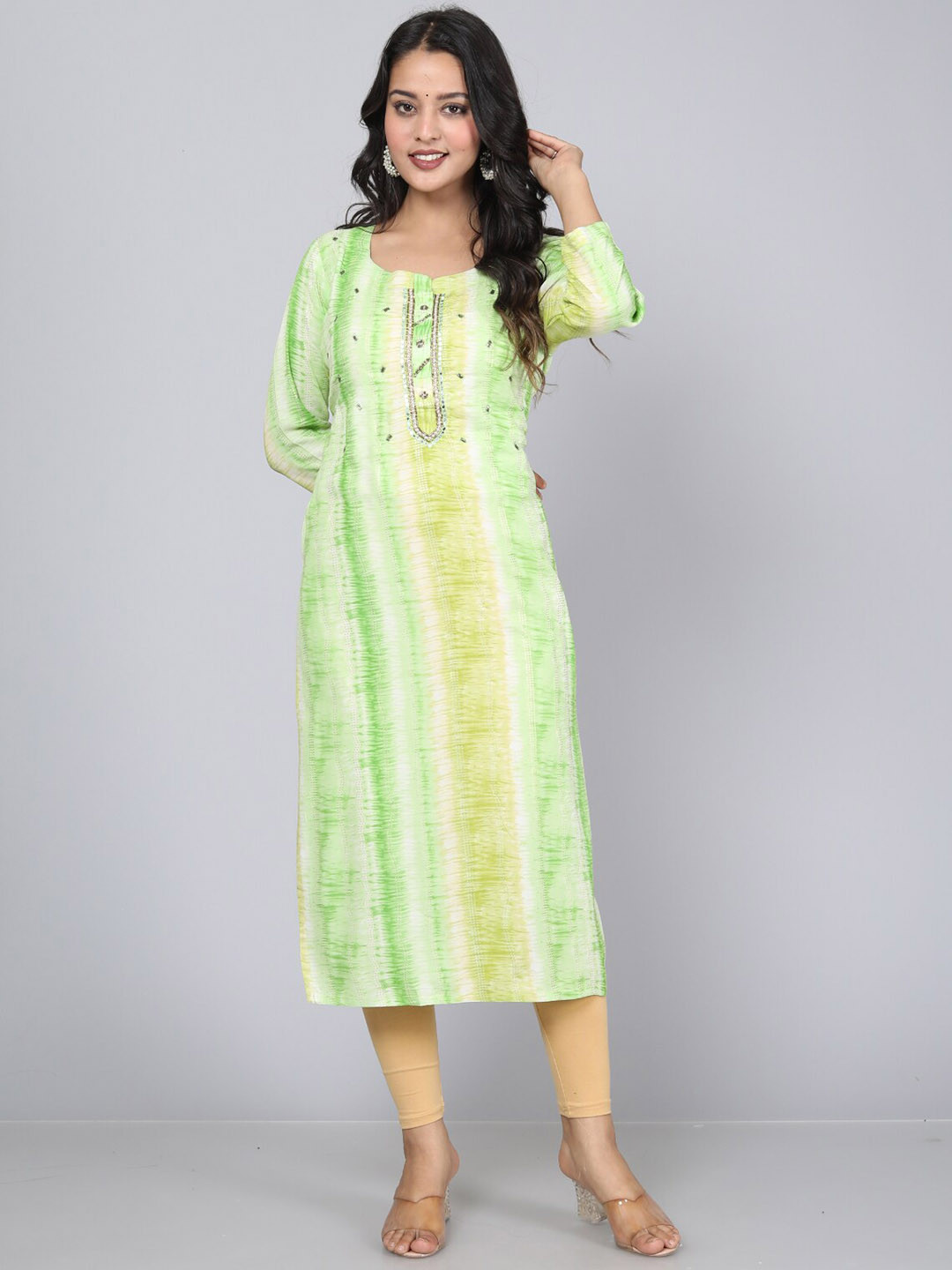 

HIGHLIGHT FASHION EXPORT Tie and Dyed Thread Work Straight Kurta, Green