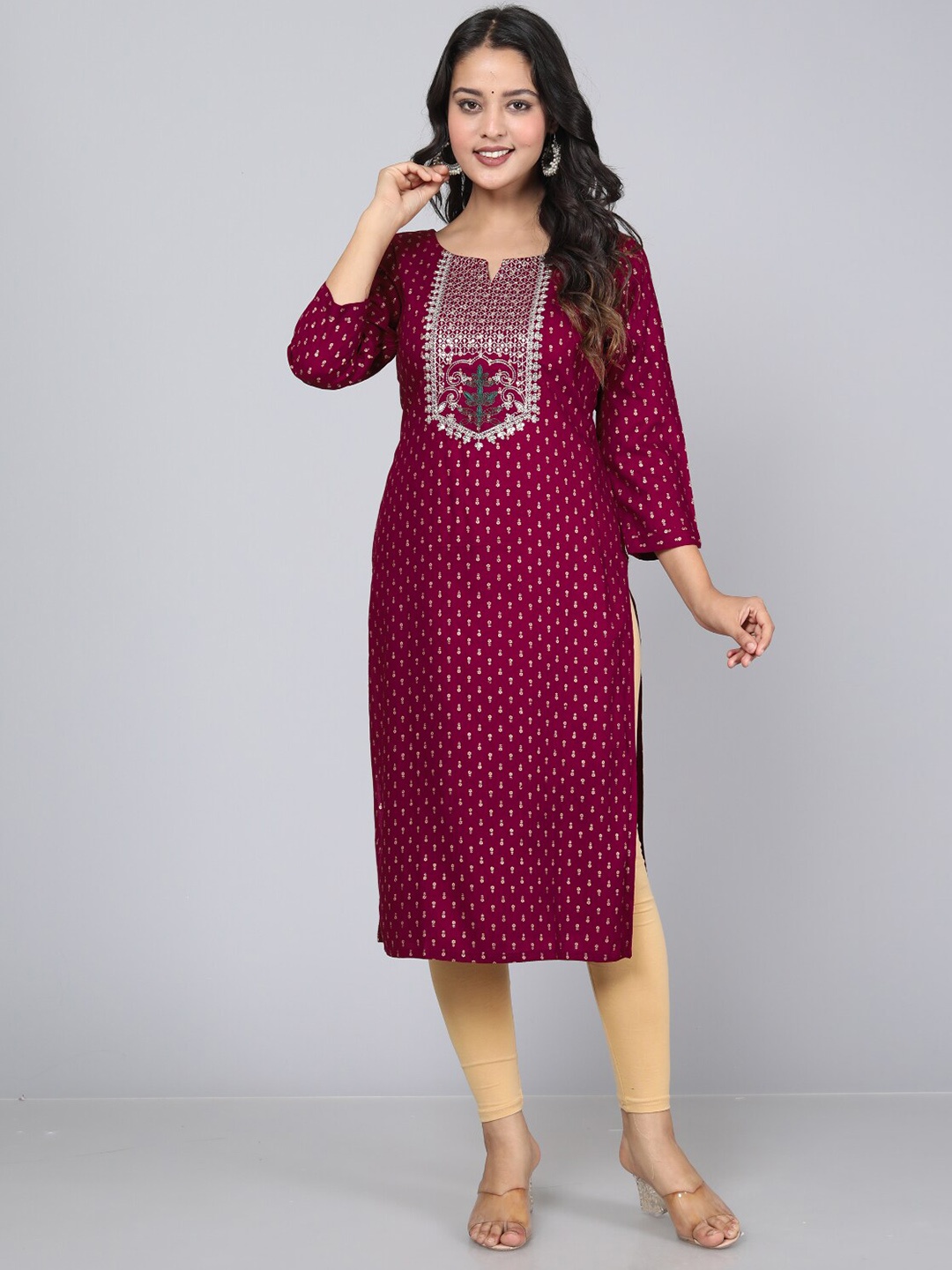 

HIGHLIGHT FASHION EXPORT Ethnic Motifs Printed Thread Work Straight Kurta, Maroon