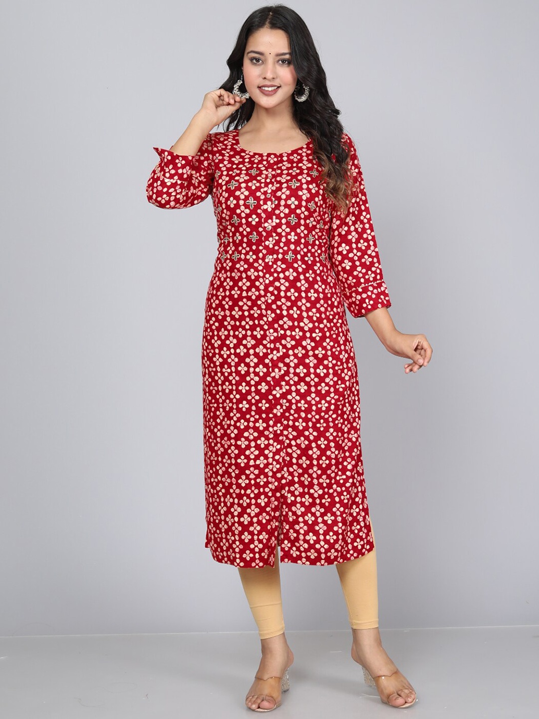 

HIGHLIGHT FASHION EXPORT Floral Printed Thread Work Straight Kurta, Red