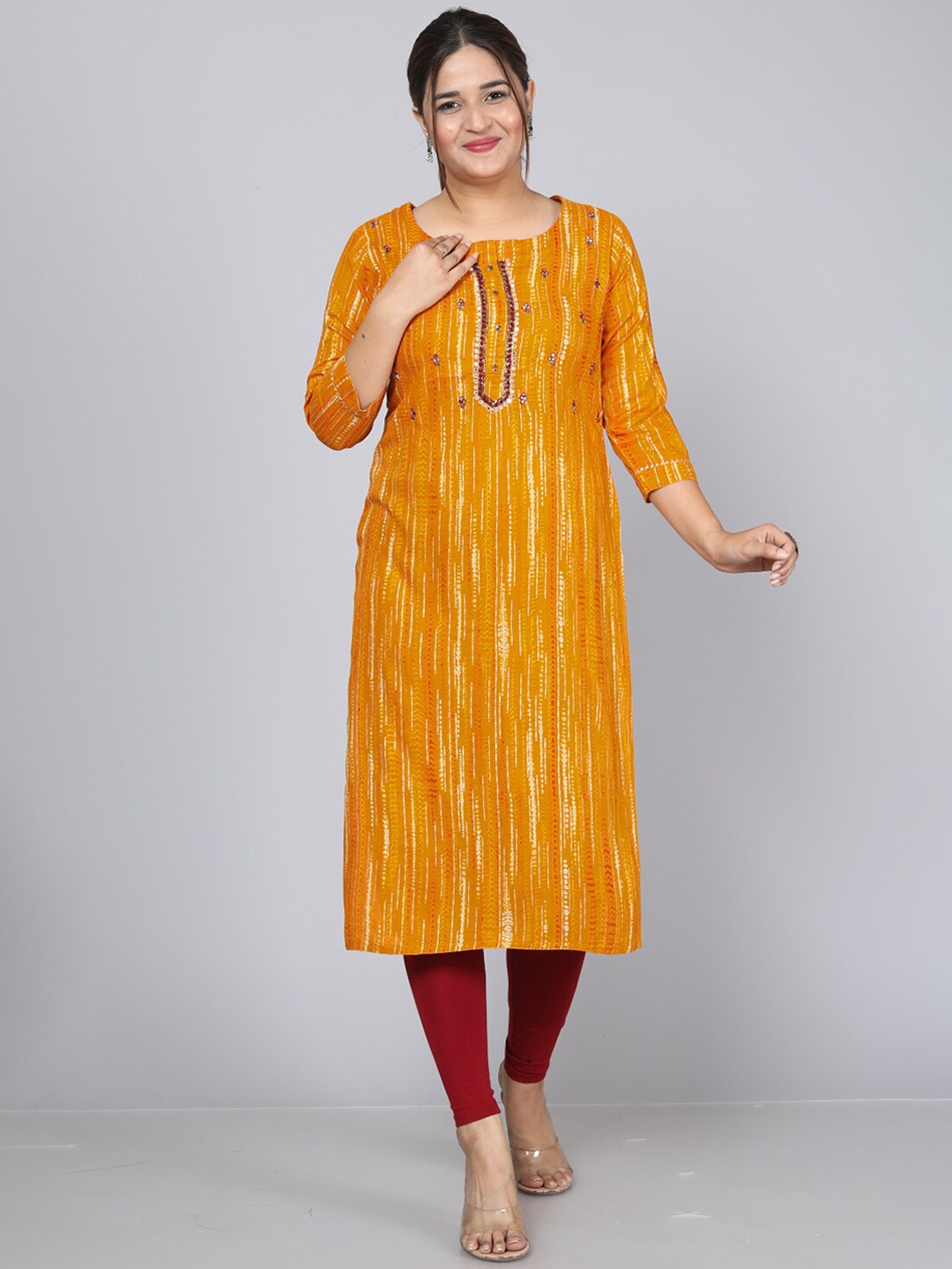 

HIGHLIGHT FASHION EXPORT Leheriya Printed Thread Work Straight Kurta, Yellow