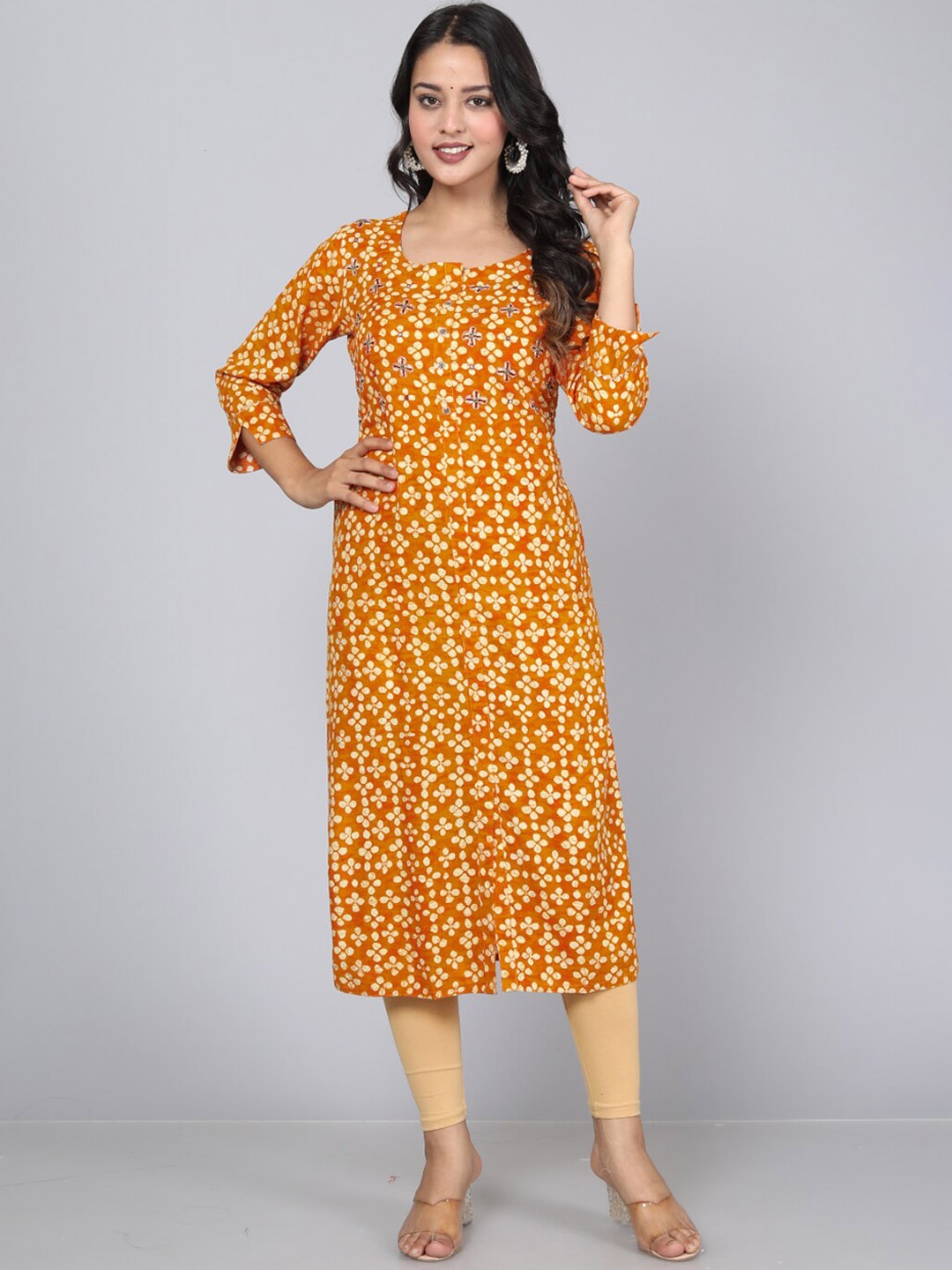 

HIGHLIGHT FASHION EXPORT Floral Printed Mirror Work Straight Kurta, Mustard