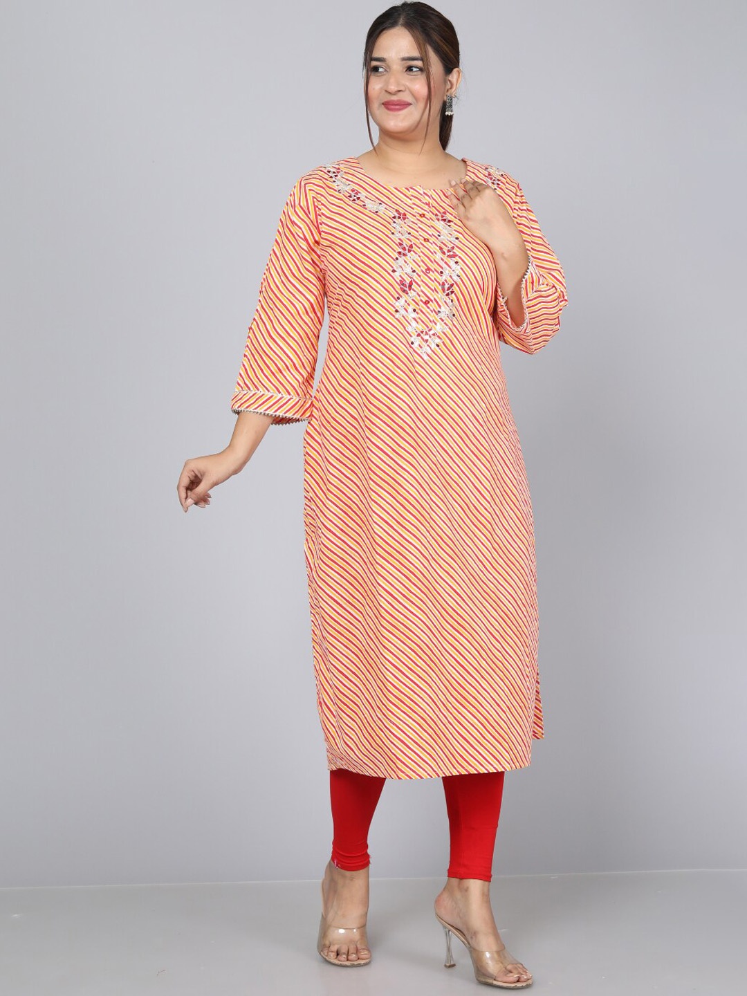 

HIGHLIGHT FASHION EXPORT Striped Straight Kurta, Orange