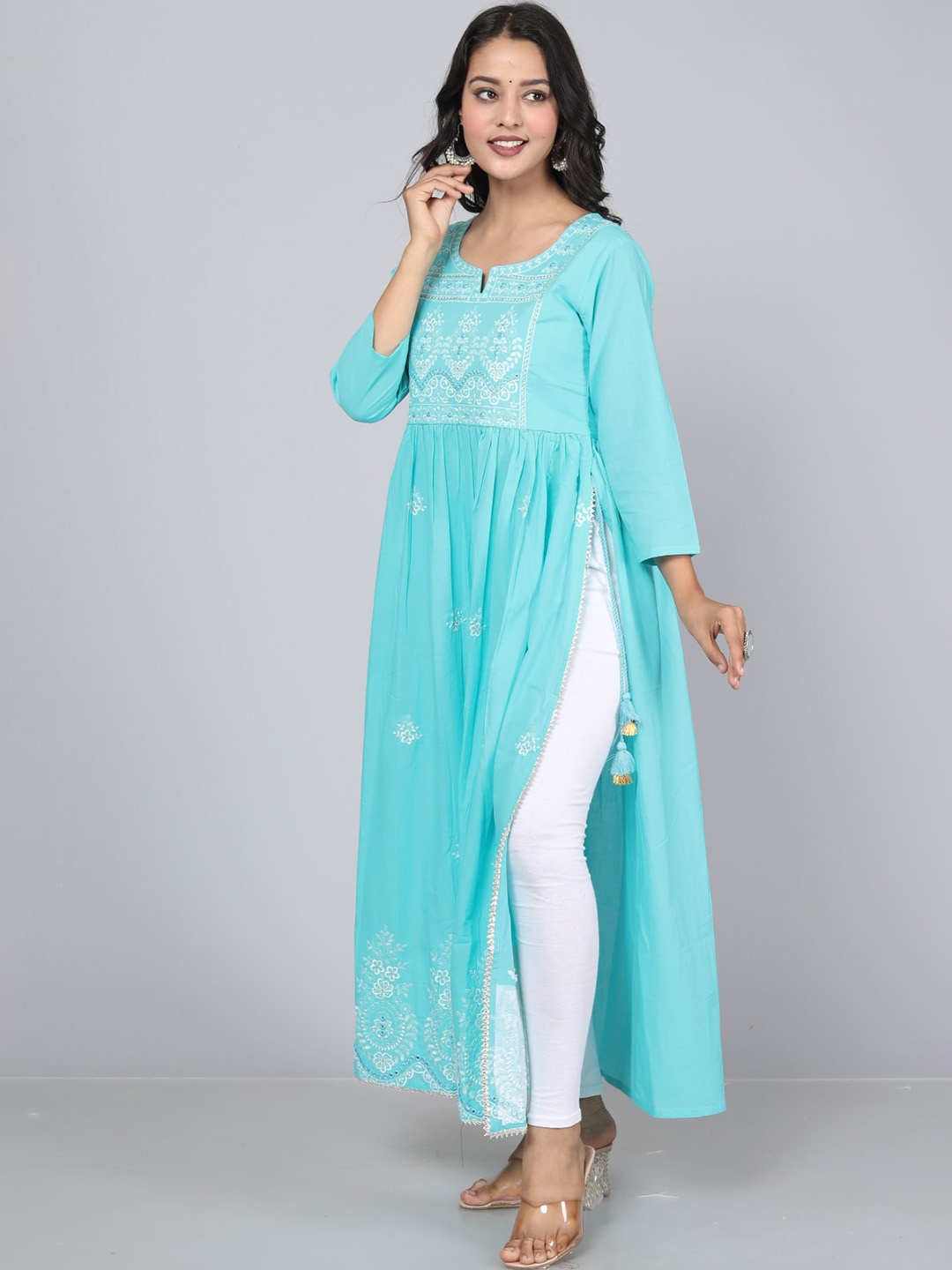 

HIGHLIGHT FASHION EXPORT Floral Embroidered Pleated Pure Cotton Straight Kurta, Blue