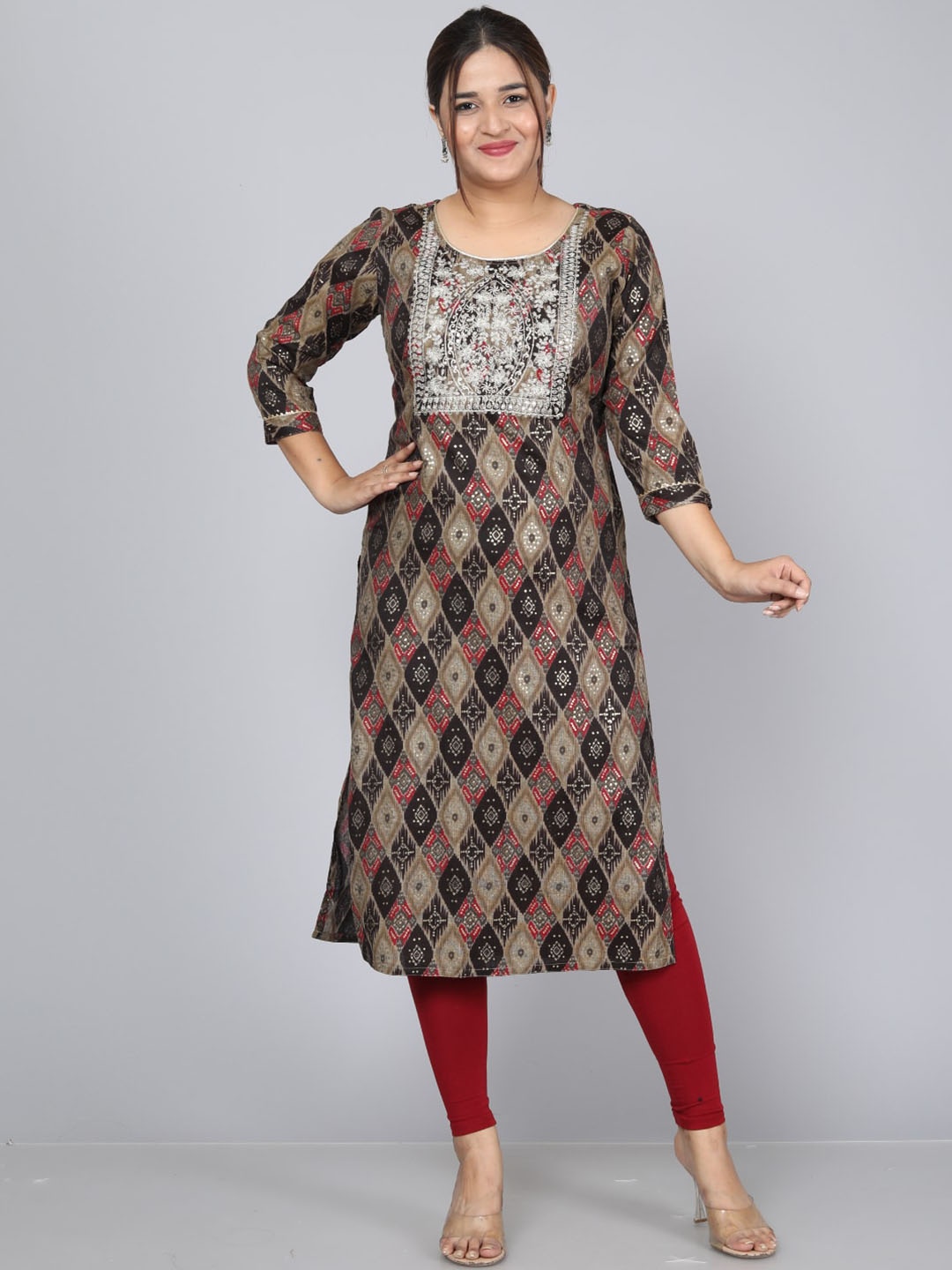 

HIGHLIGHT FASHION EXPORT Ethnic Motifs Printed Thread Work Straight Kurta, Brown