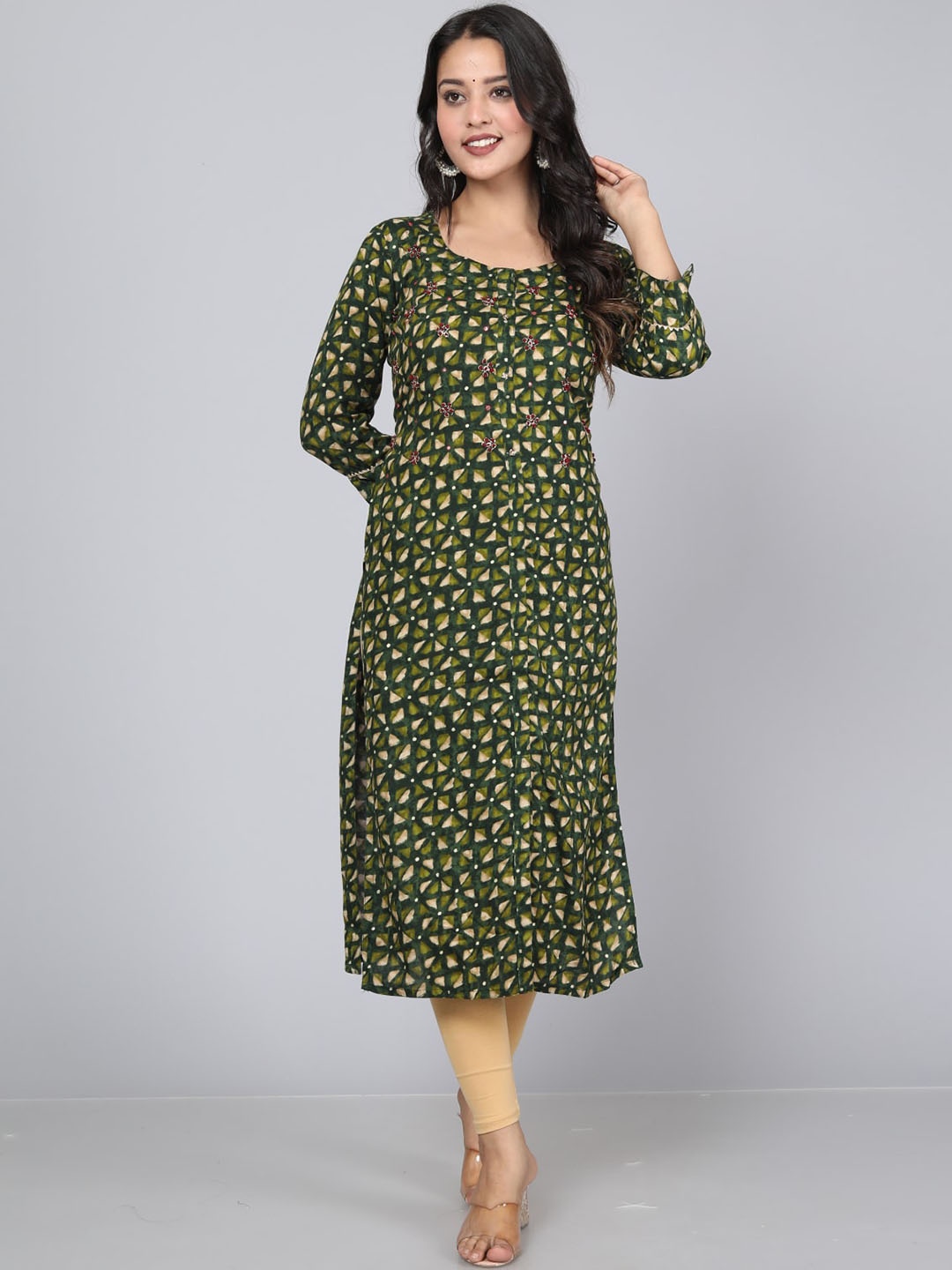 

HIGHLIGHT FASHION EXPORT Geometric Printed Straight Kurta, Green