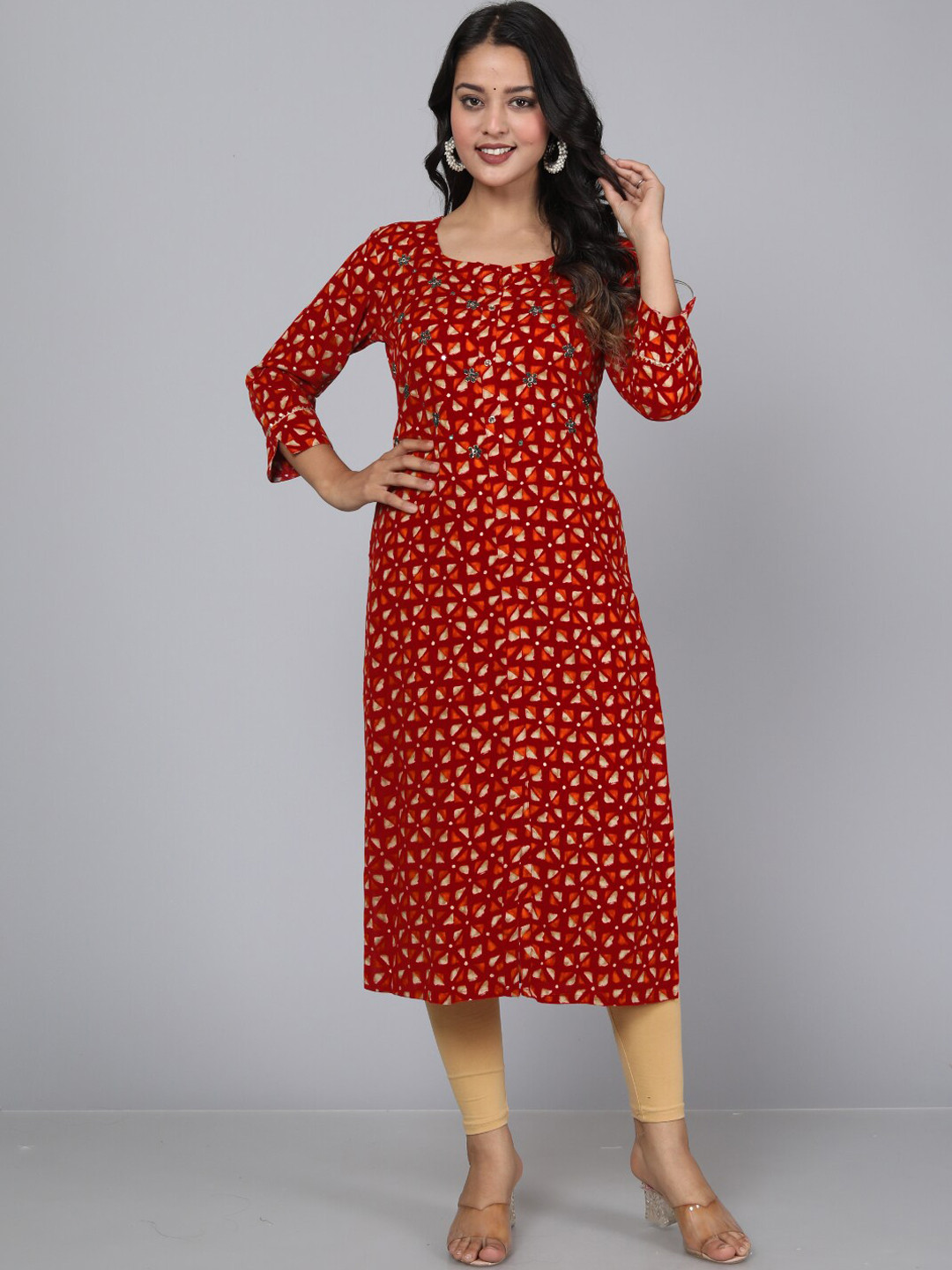

HIGHLIGHT FASHION EXPORT Geometric Printed Straight Kurta, Red