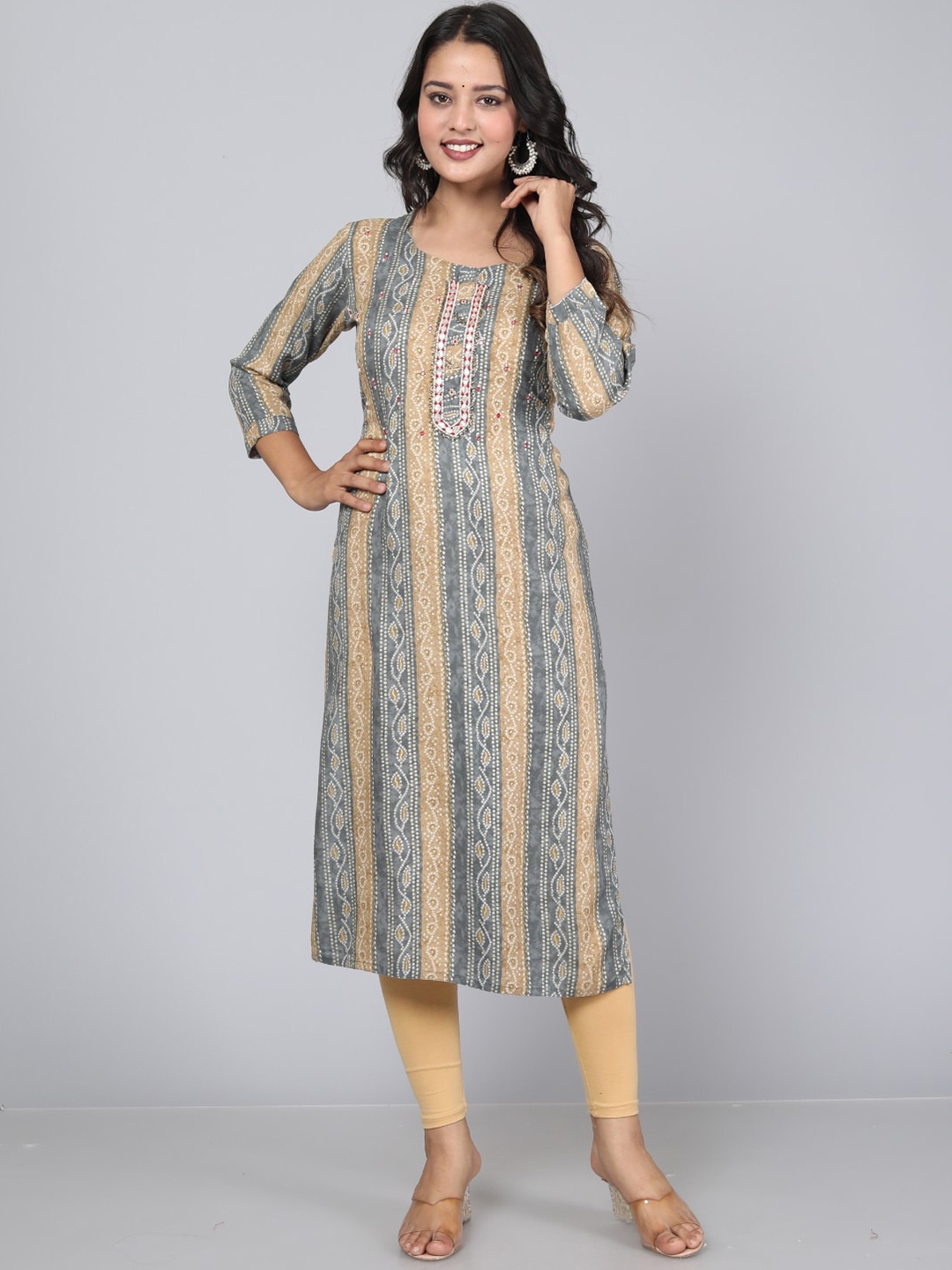 

HIGHLIGHT FASHION EXPORT Bandhani Printed Straight Kurta, Grey