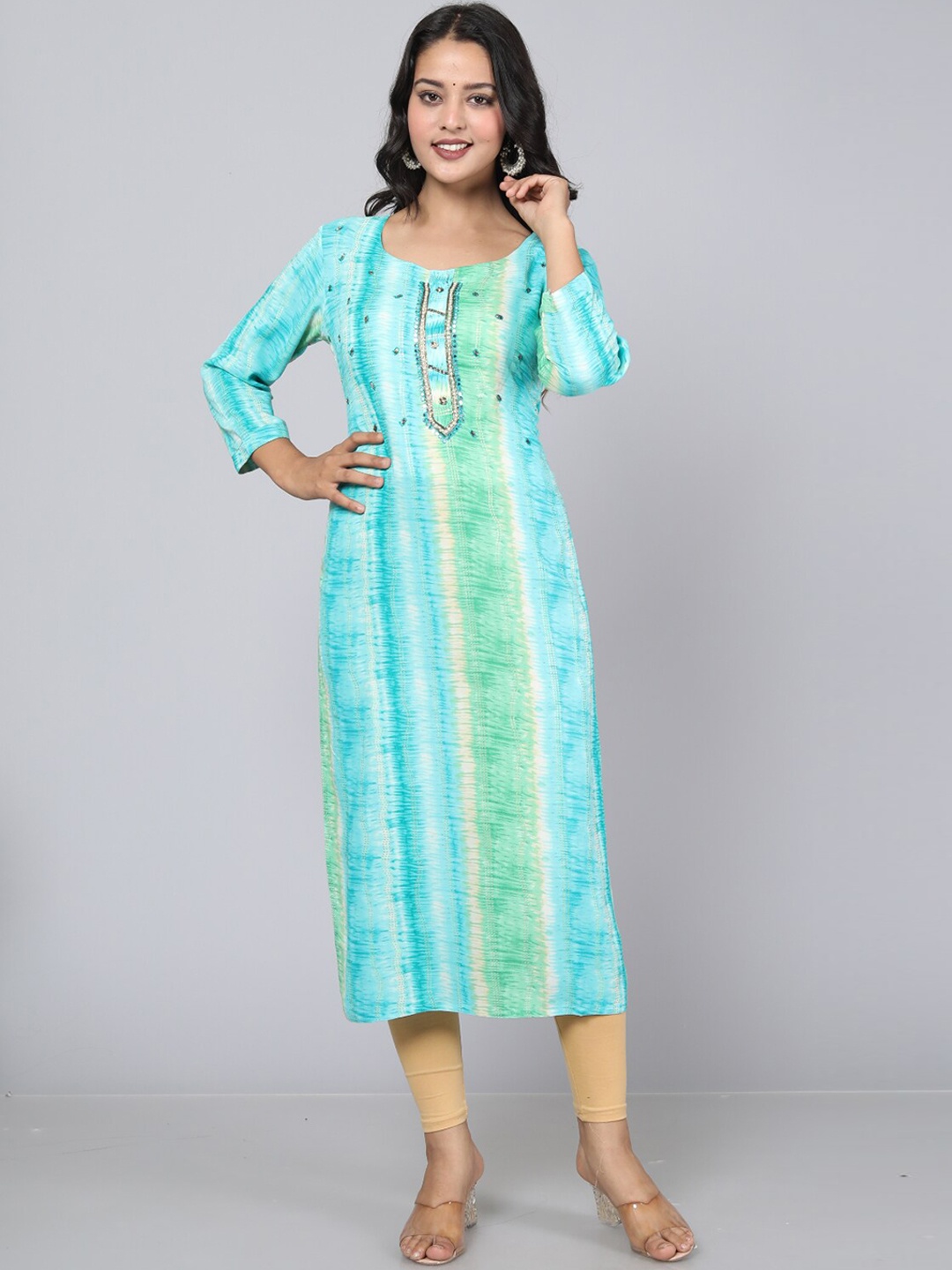 

HIGHLIGHT FASHION EXPORT Tie & Dye Scoop Neck Beads and Stones A-Line Kurta, Blue